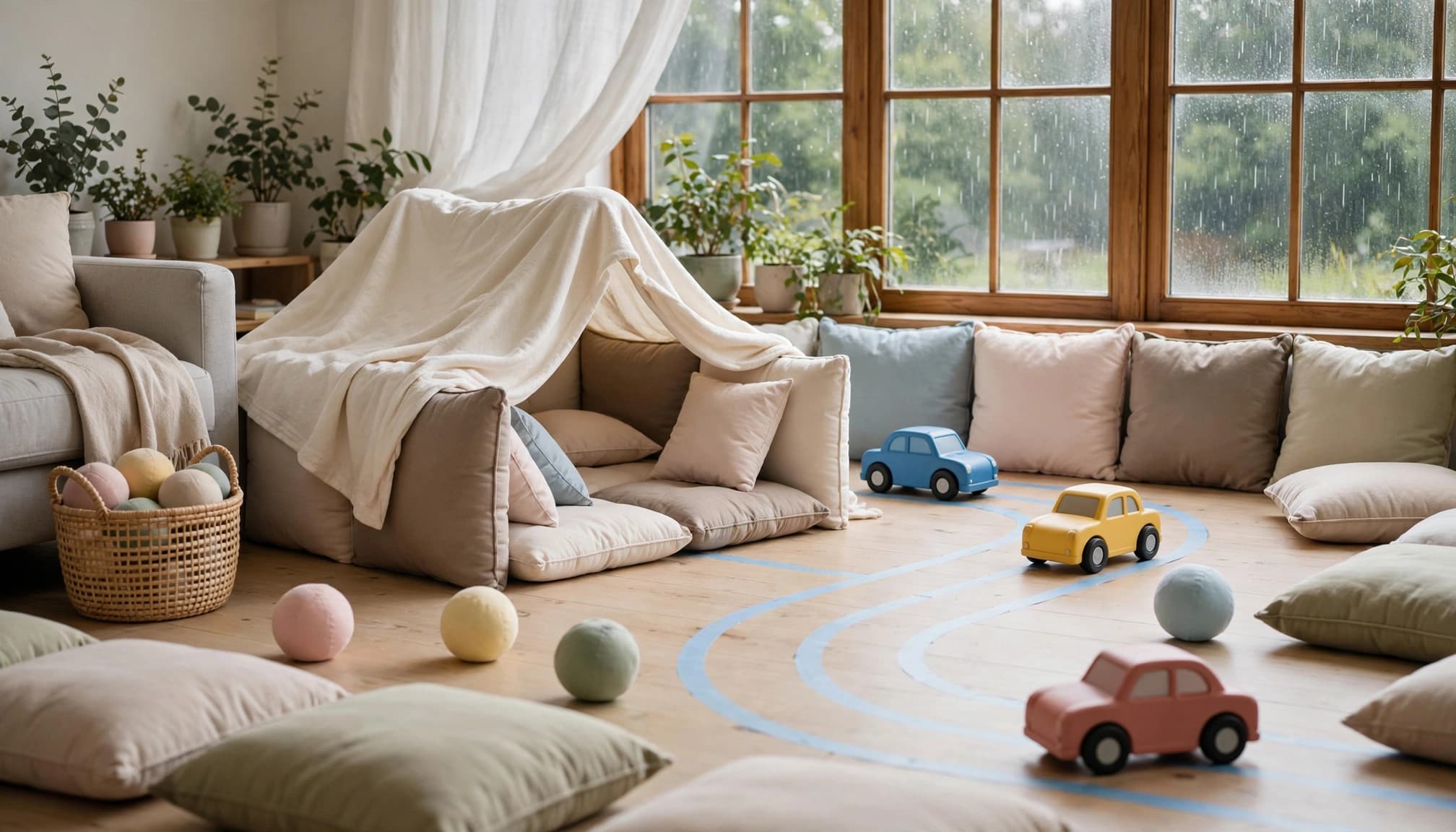 A pillow fort, toy cars, and soft balls fill a bright living room play area.