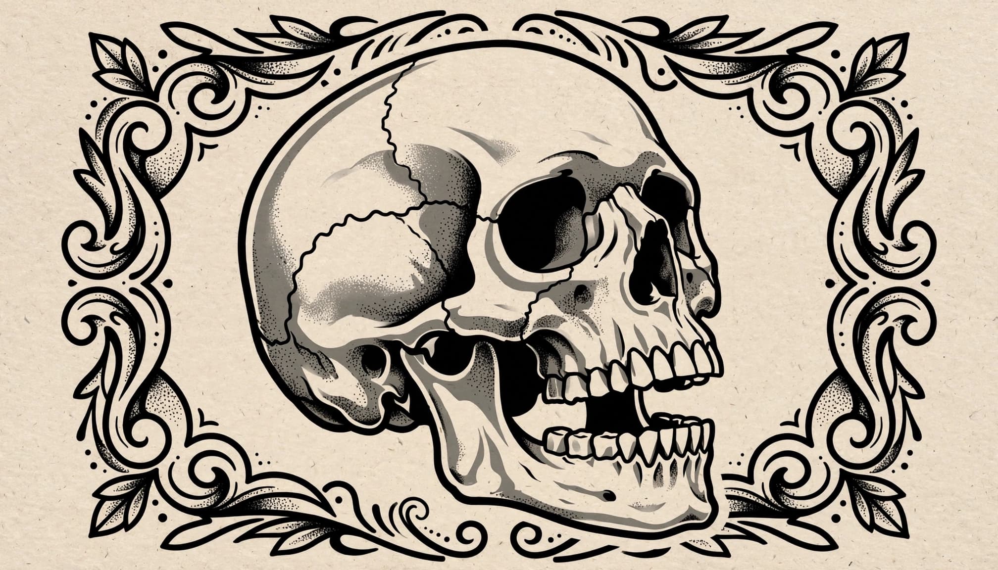 A bold black skull tattoo design with open eye sockets and simple decorative framing.