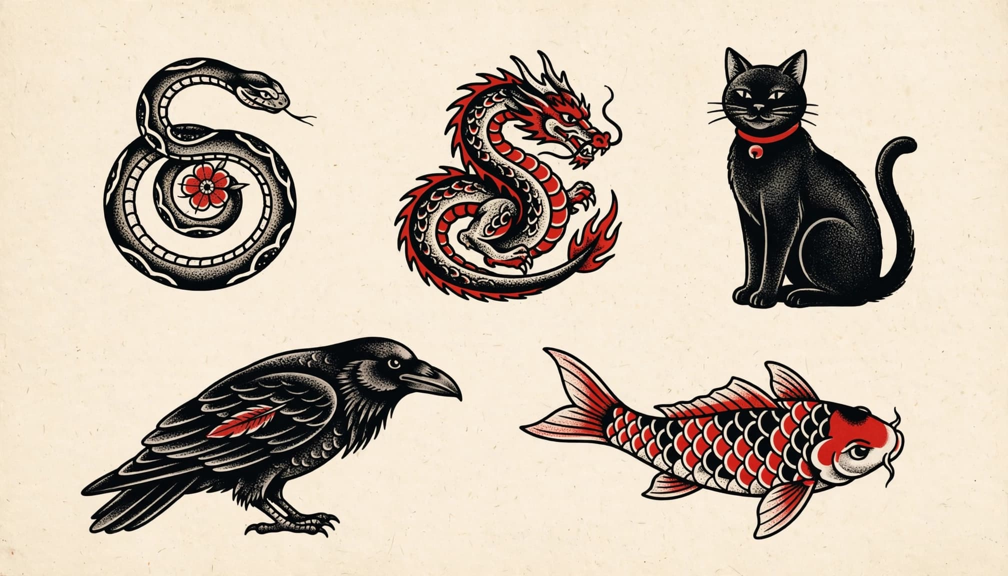 Five red-and-black animal tattoo designs arranged on ivory paper.