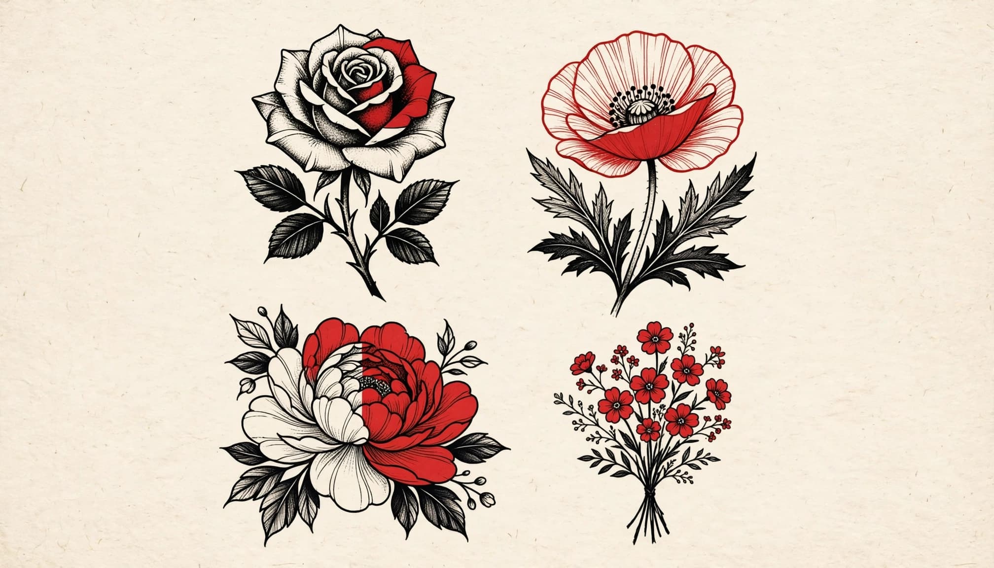 Four red and black flower designs arranged on warm-white paper.