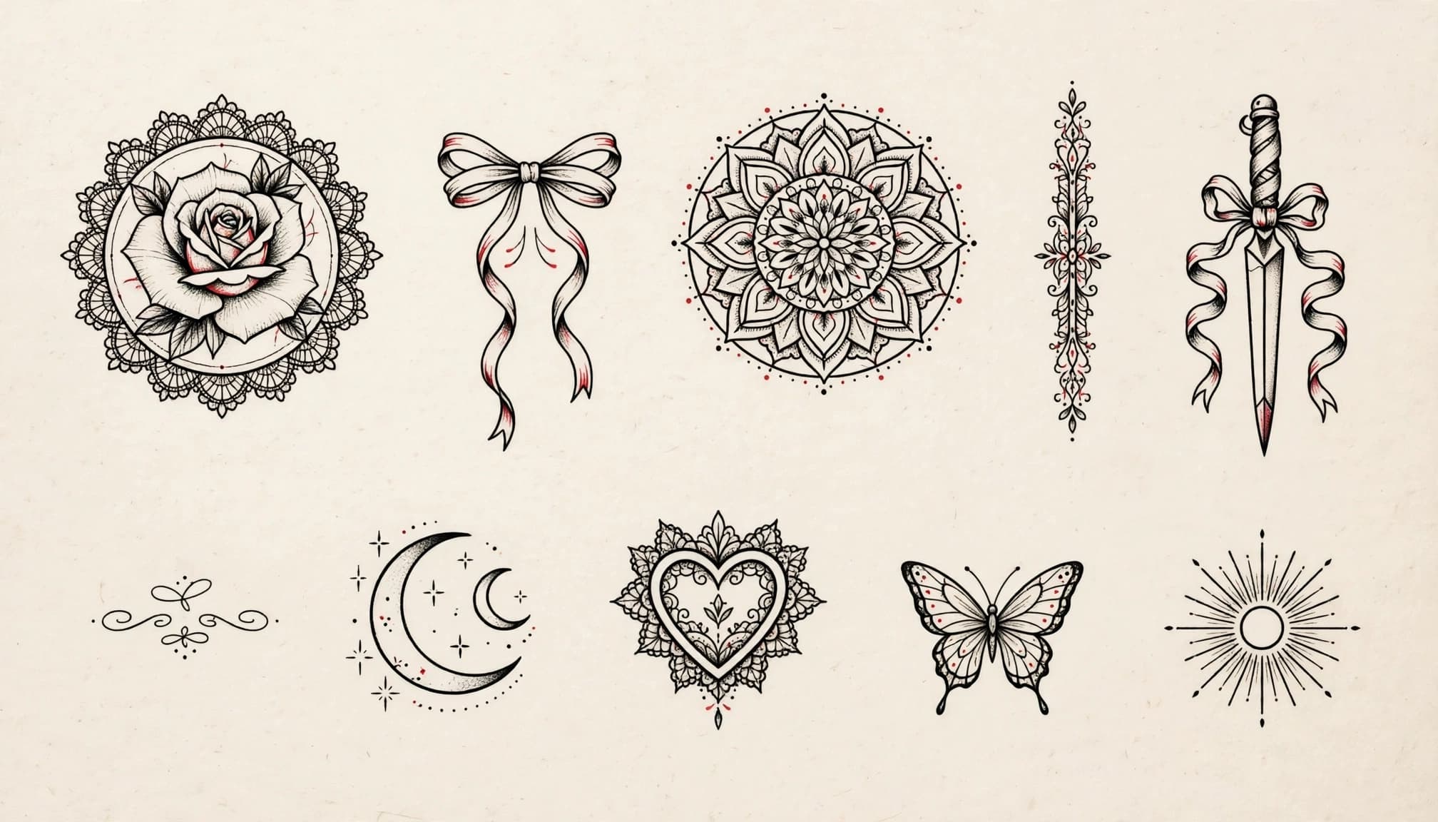 A red-and-black tattoo flash sheet of decorative motifs on ivory paper.
