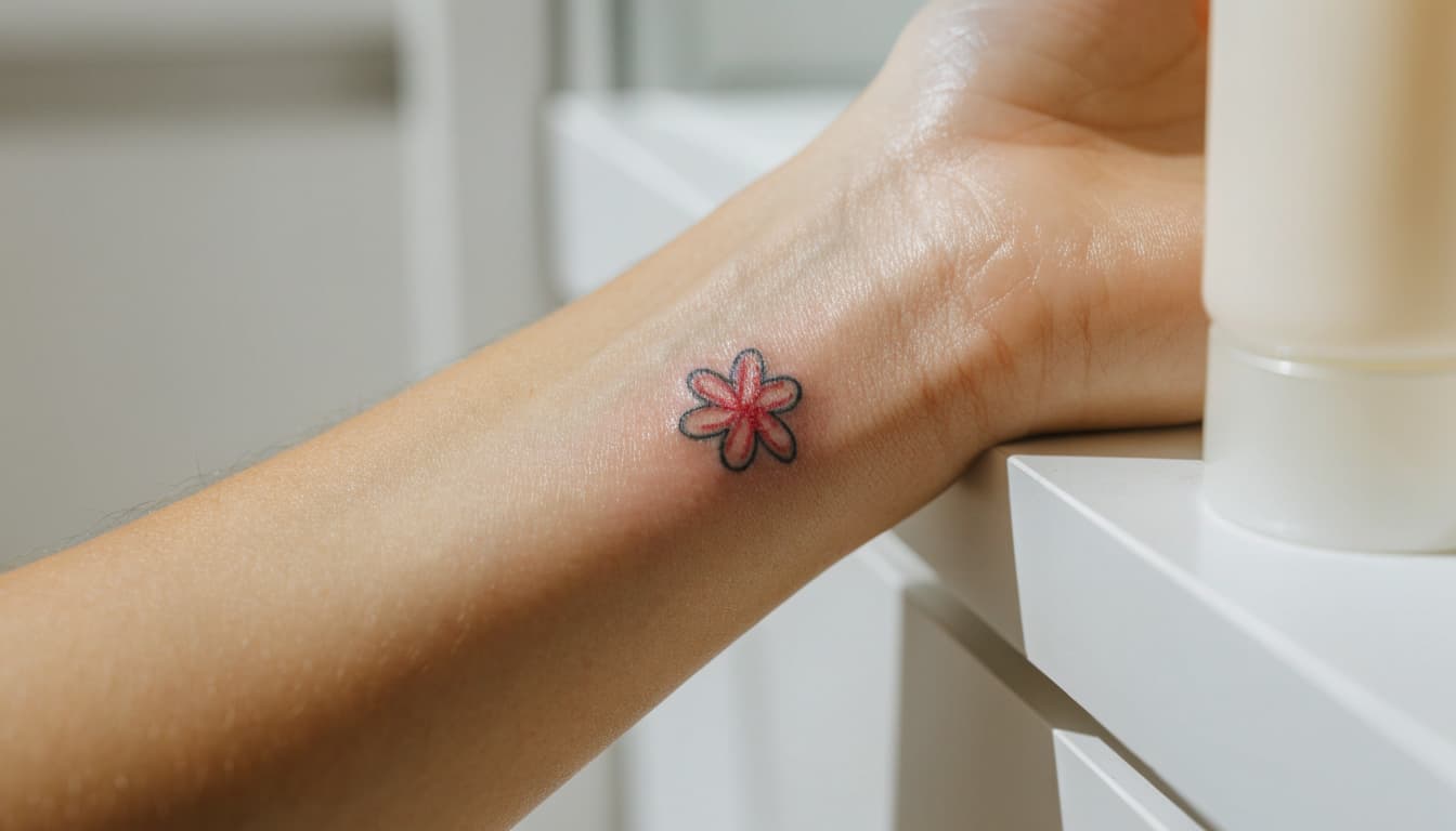 A red-and-black floral tattoo on a forearm beside a moisturizer tube.