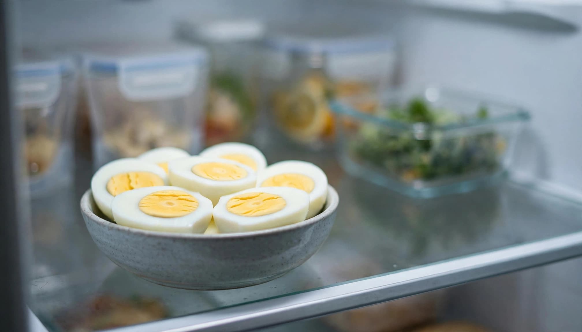 A bowl of firm-yolk egg halves sits on a refrigerator shelf.