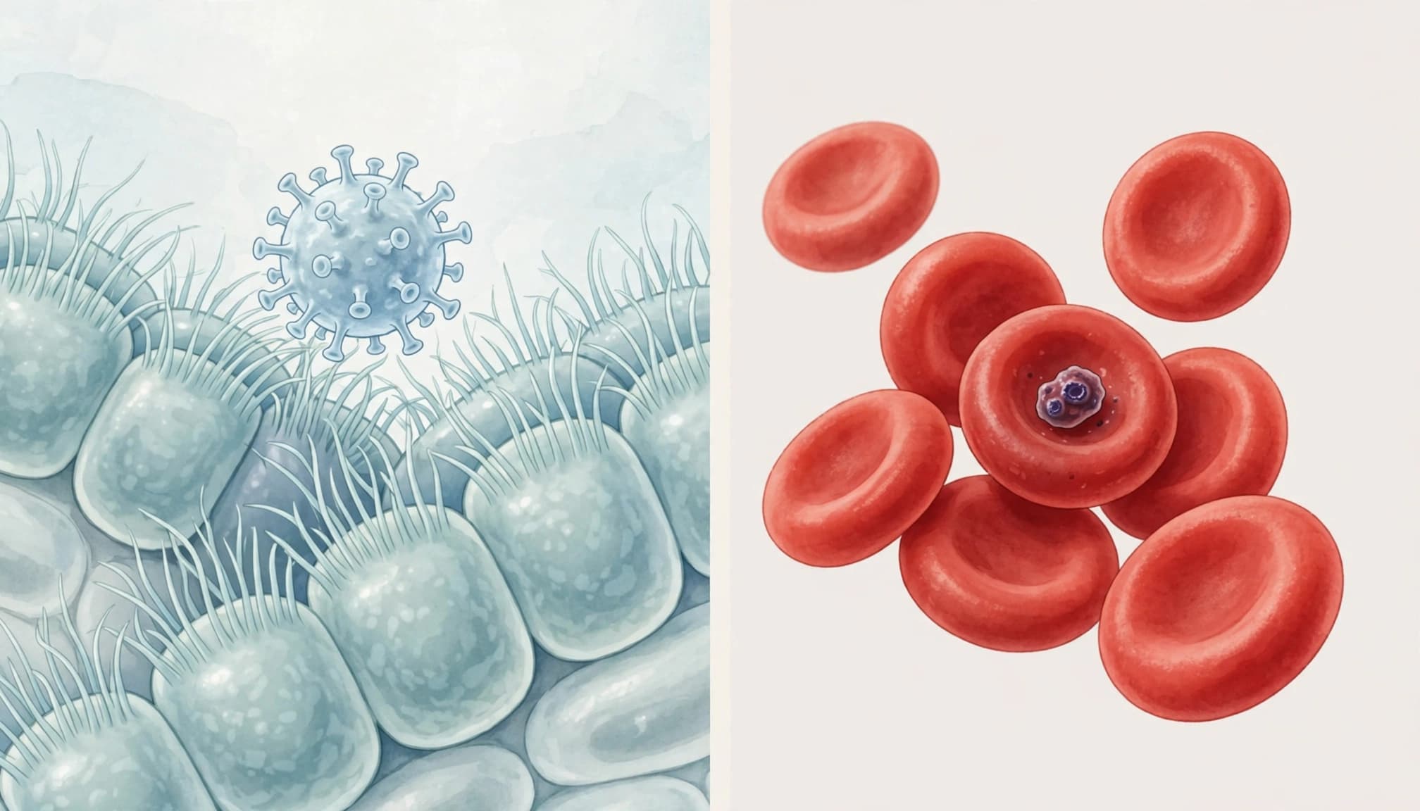 A respiratory virus near airway cells beside malaria-infected and healthy red blood cells.