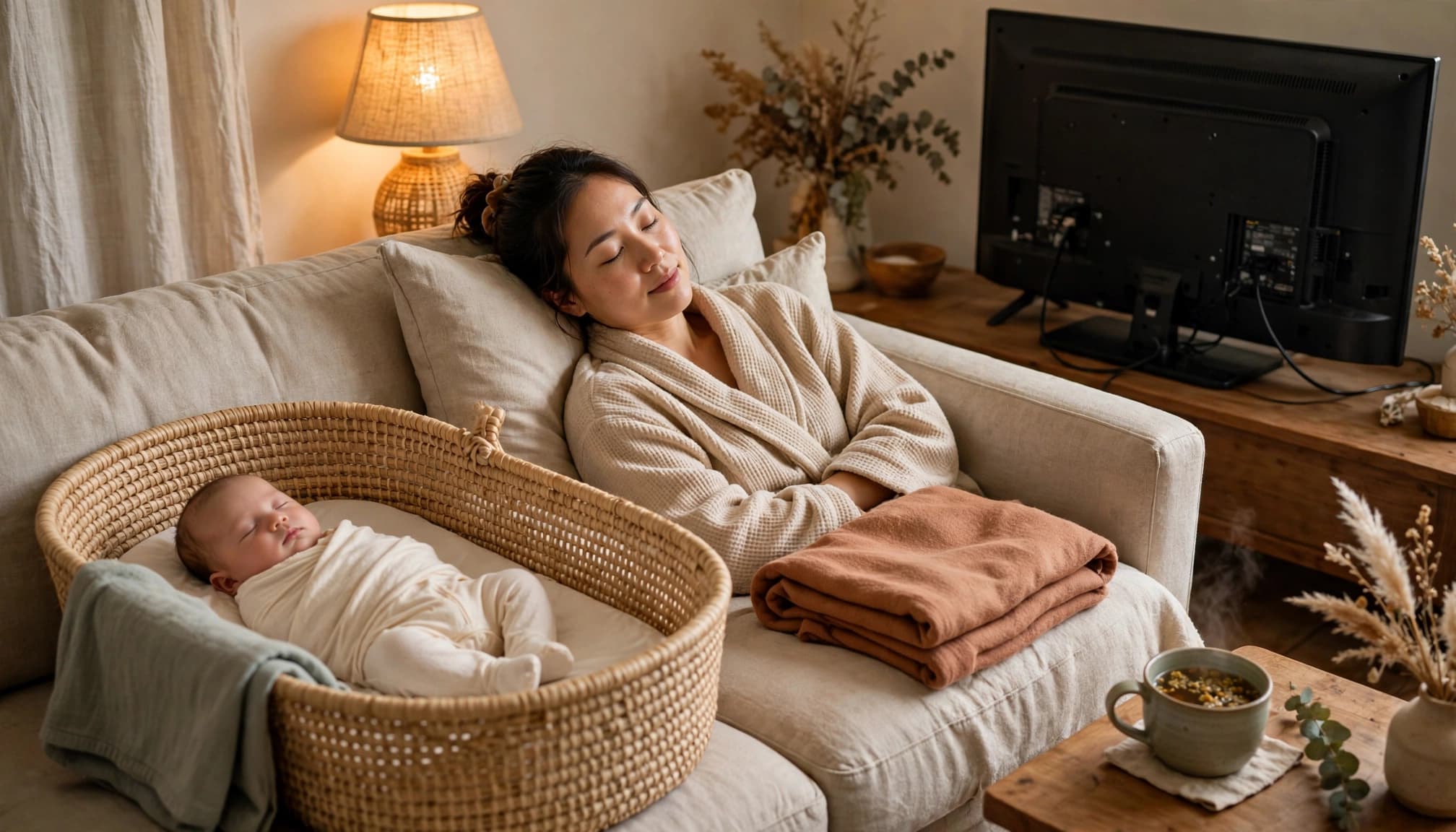 A mother in a robe rests beside her sleeping baby in a softly lit home.