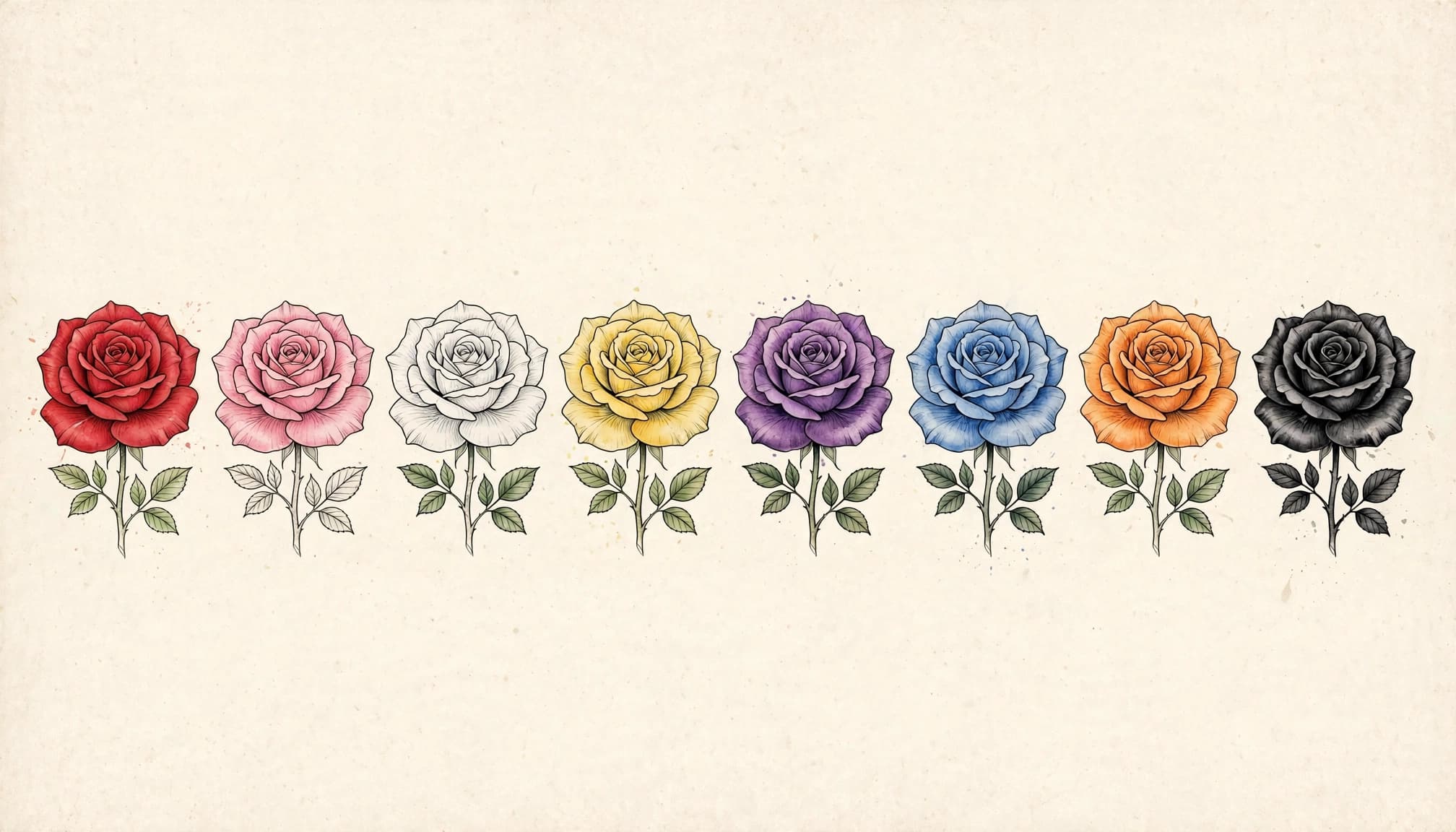 Eight colorful rose tattoo designs arranged in a row on an ivory background.