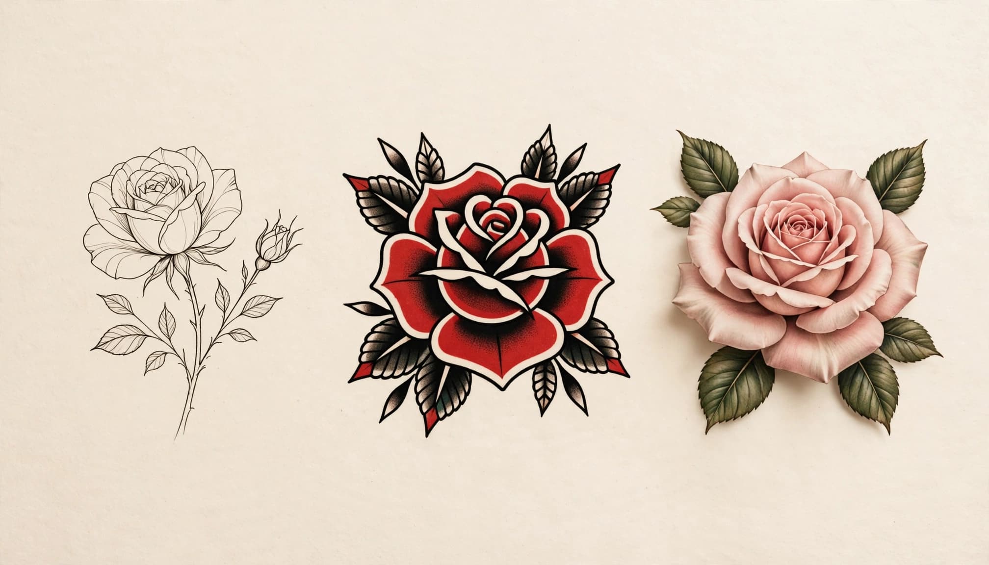 Three rose tattoo designs in fine-line, traditional, and realistic styles on ivory paper.