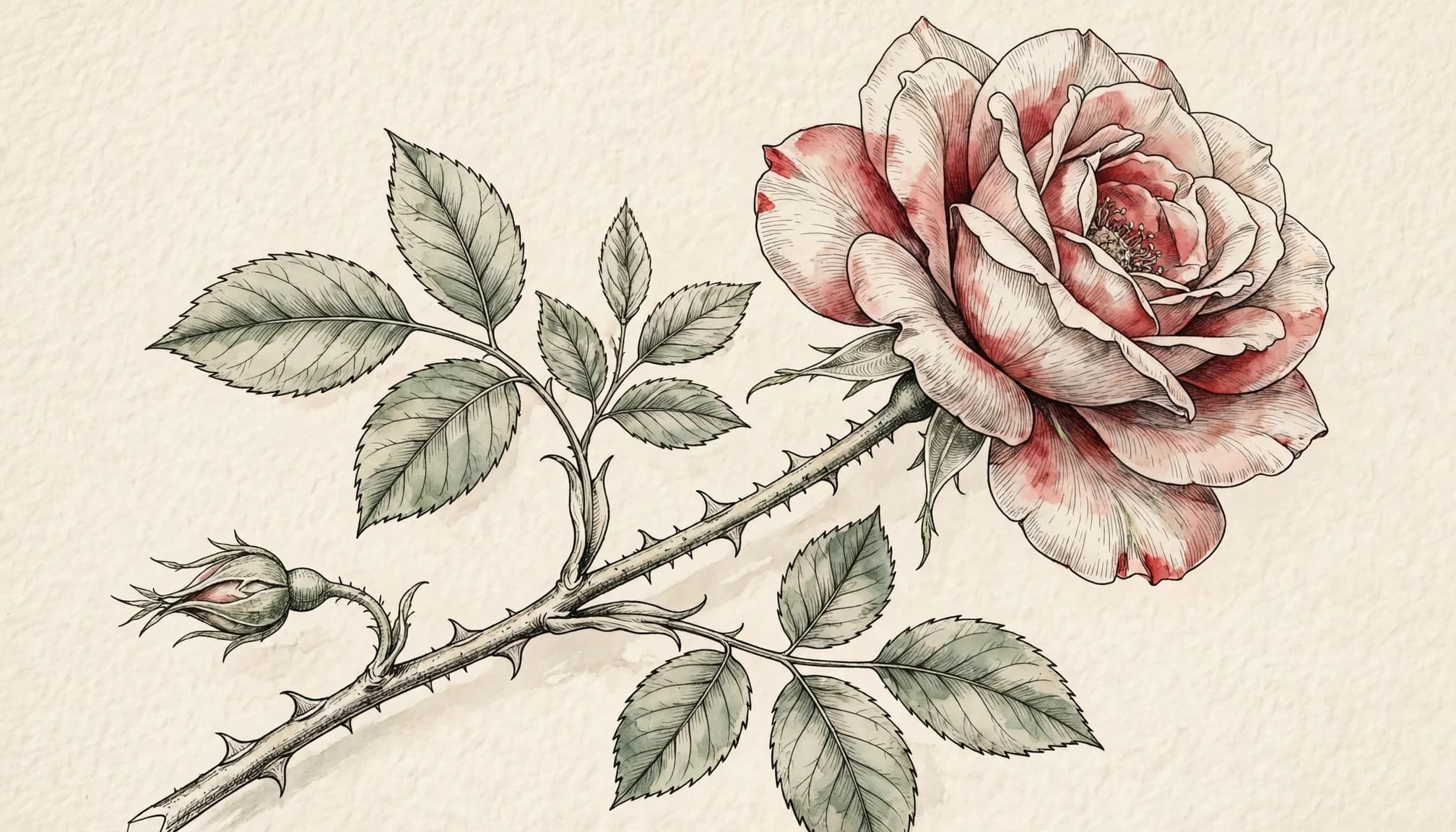 A fine-line rose stem with an open bloom, curved thorns, and a small bud on ivory paper.
