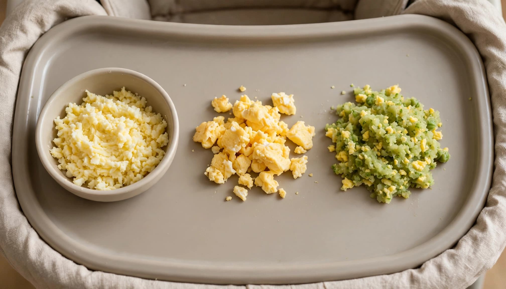 Three soft, fully cooked egg preparations arranged on a high-chair tray.