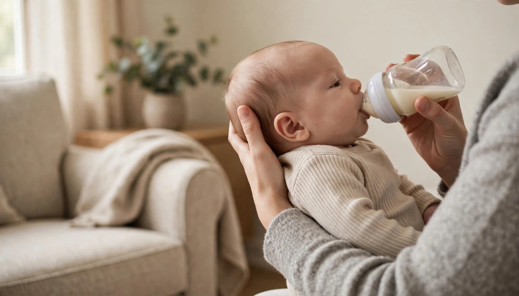 Caregiver bottle-feeds an infant held semi-upright in a nursery chair.