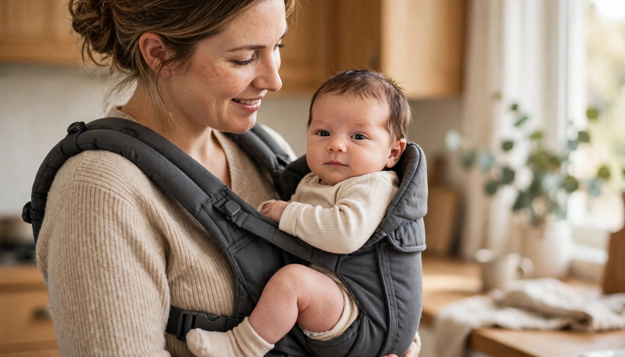 Caregiver wearing a newborn snugly in a front carrier with the baby's face and airway visible.