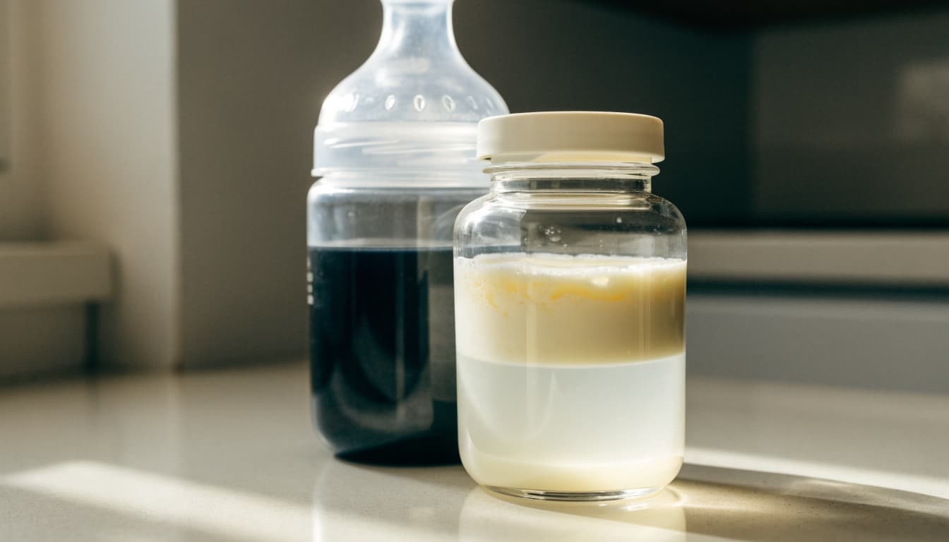 A glass container of breast milk with creamy and thinner layers beside a pump bottle.