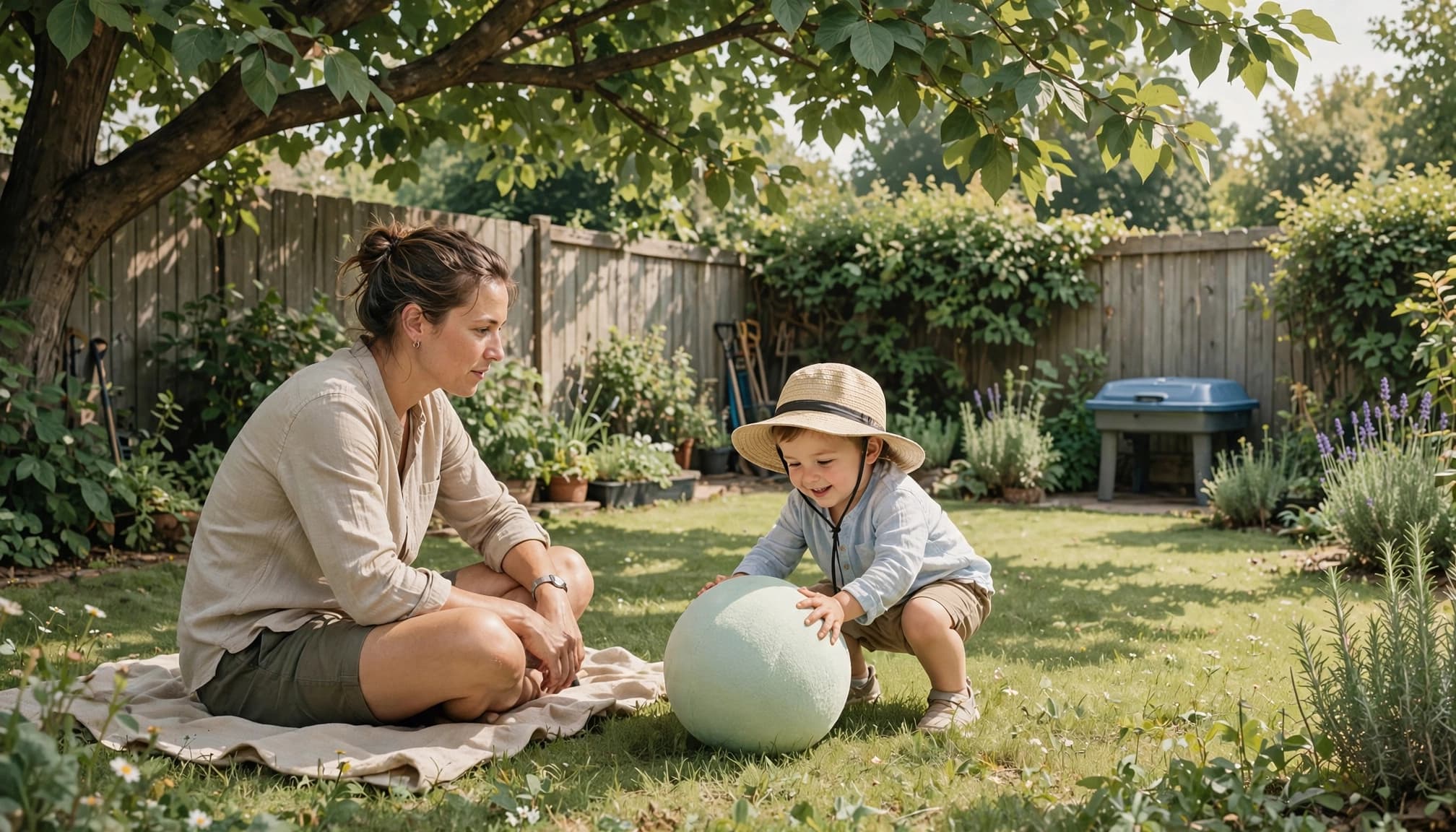 A parent watches a sun-protected toddler play with a ball under a tree.