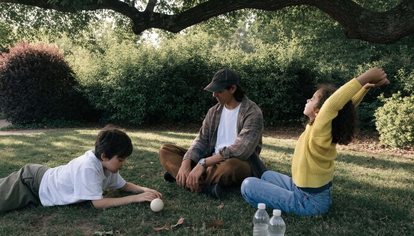 A parent and two children stretch and roll a ball on a shady lawn.