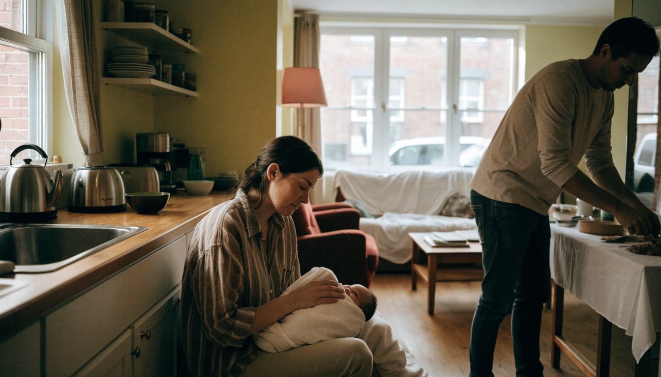 One adult holds a newborn while another prepares breakfast in a modest home.