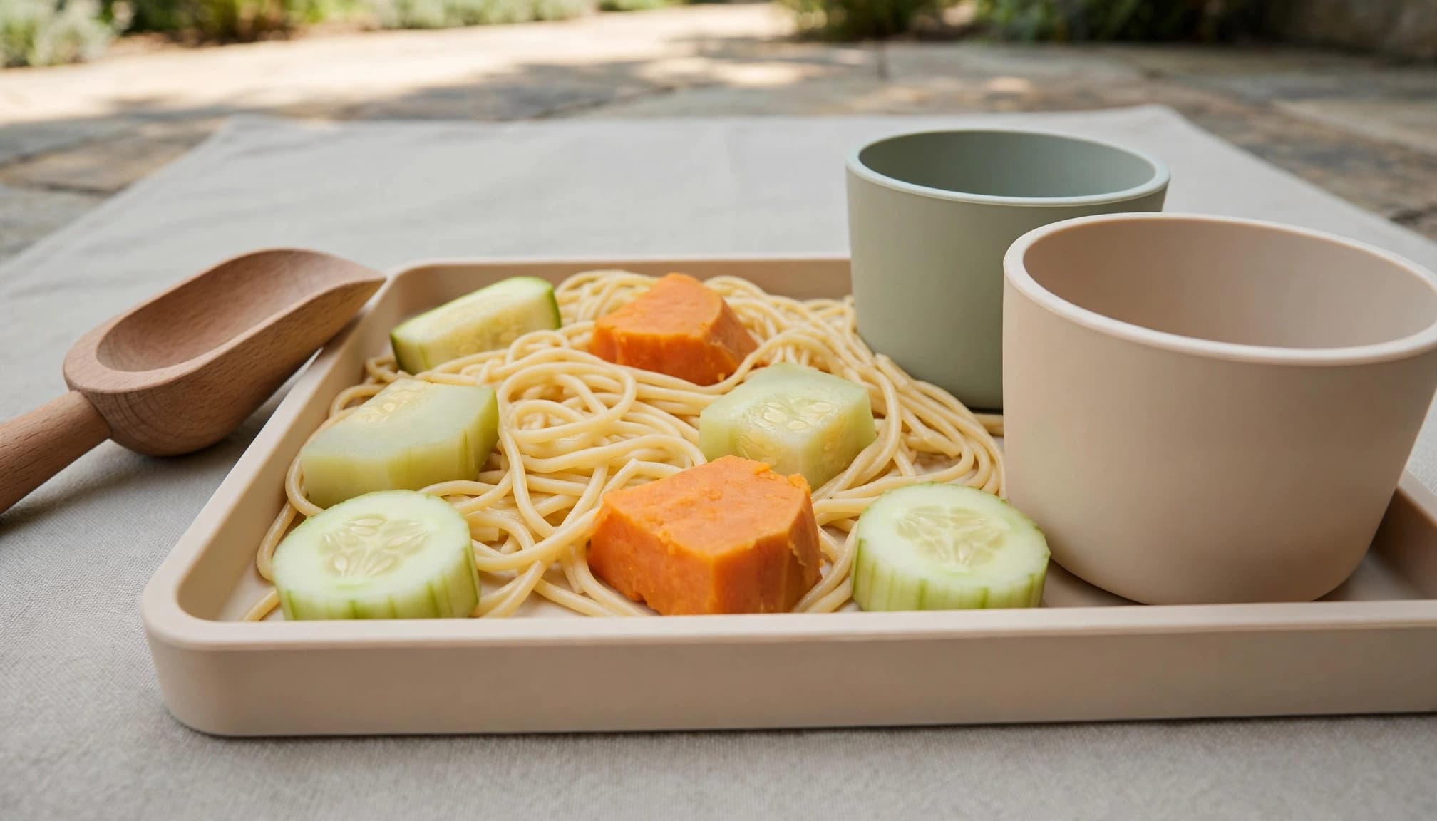 Pasta, soft vegetable pieces, cups, and a scoop sit on a mat outdoors.
