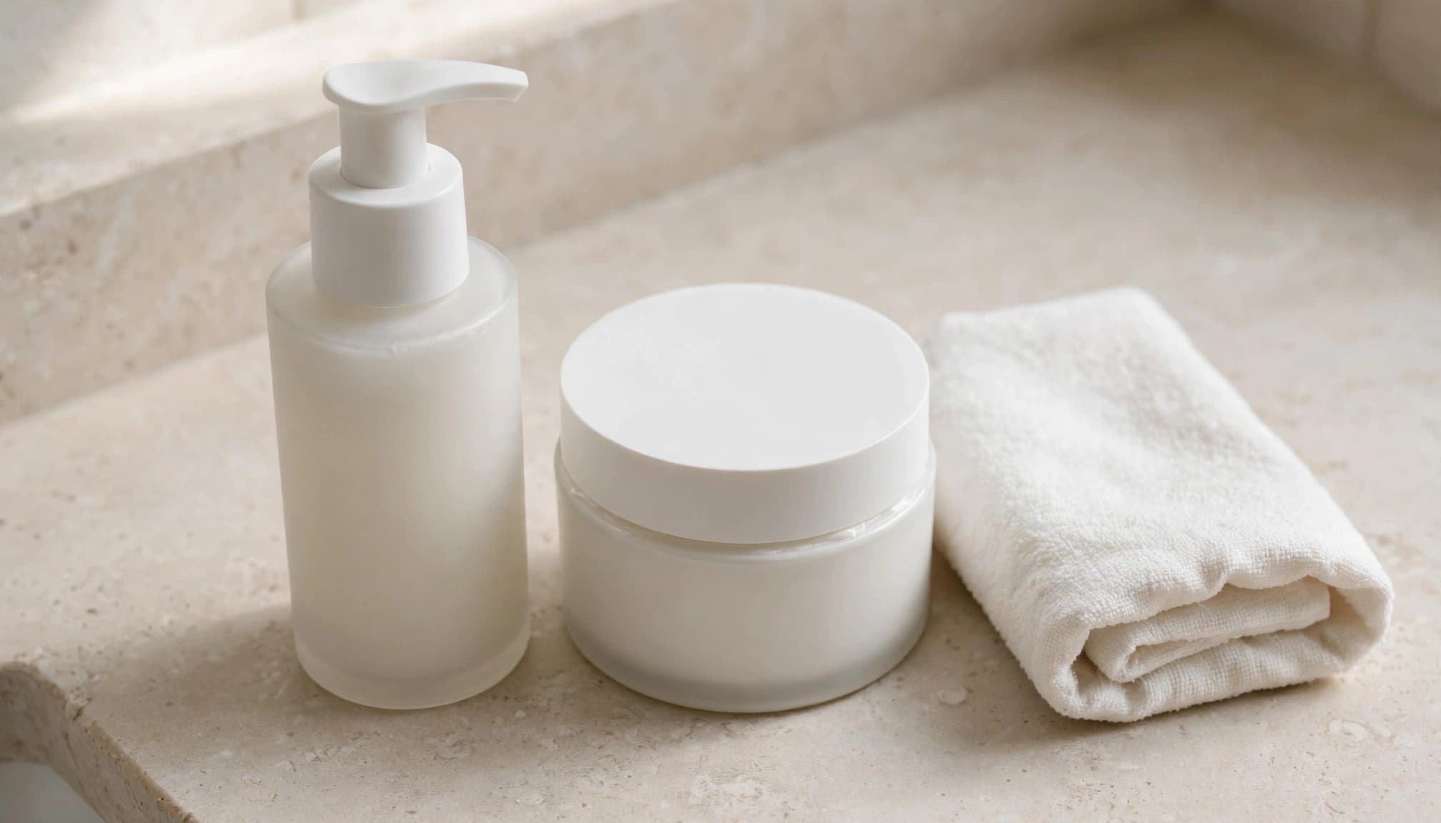 Two skin-care containers and a folded towel rest on a bathroom counter.
