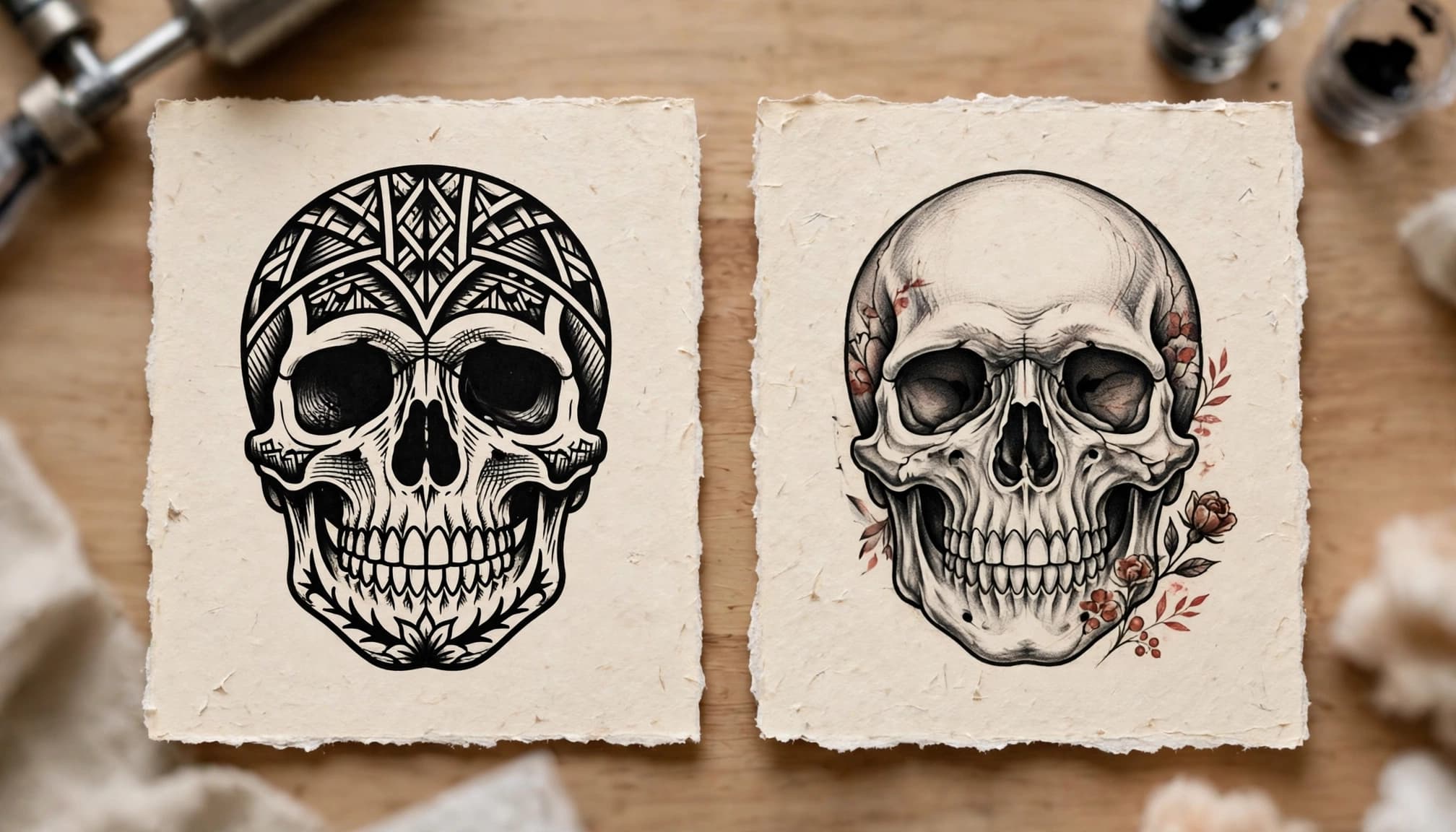 Two skull tattoo designs on paper, one blackwork and one with muted red accents.