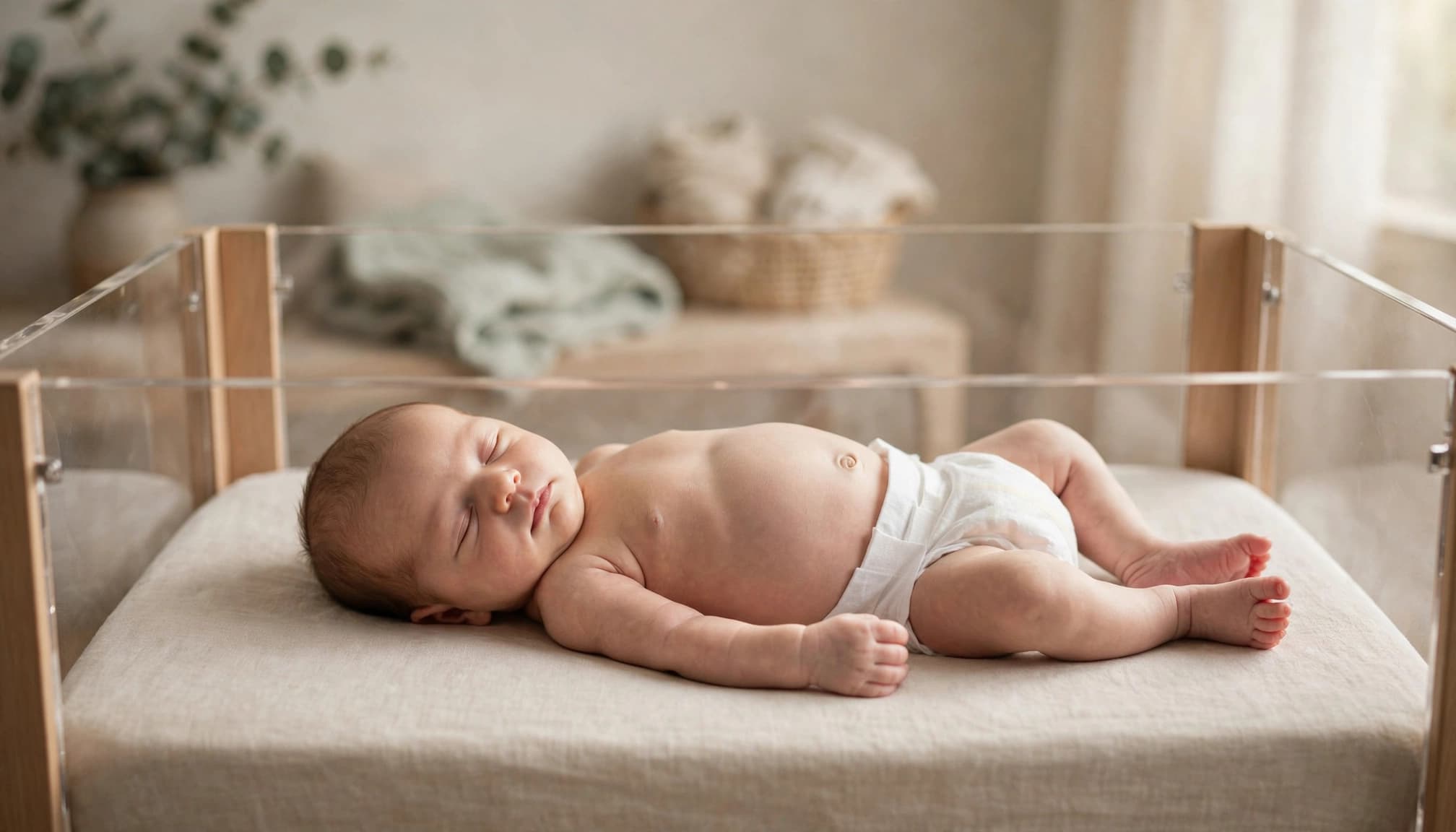 Sleeping newborn on their back in a clear crib with a relaxed belly.