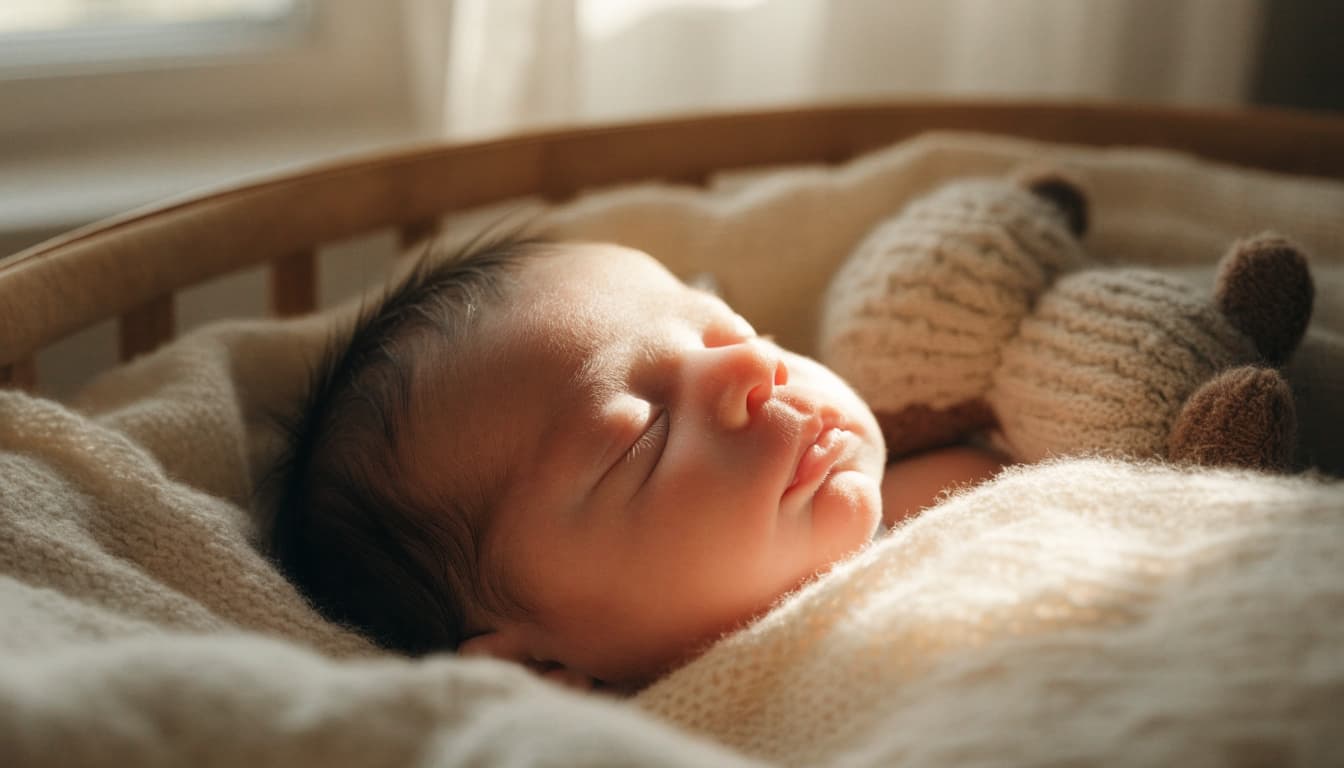 A newborn sleeps in a cream blanket beside a knitted toy in a woven bassinet.