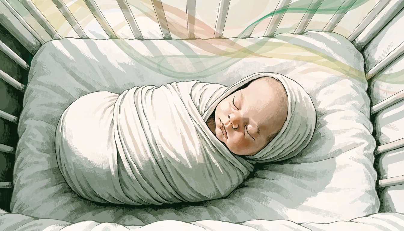 A sleeping newborn wrapped in a cotton blanket rests in a bassinet beneath faint flowing ribbons.
