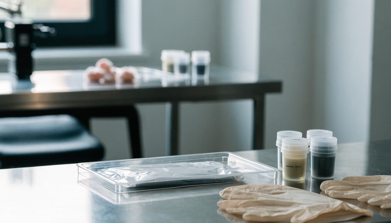 Sealed tattoo supplies and disposable gloves arranged on a clean work surface.