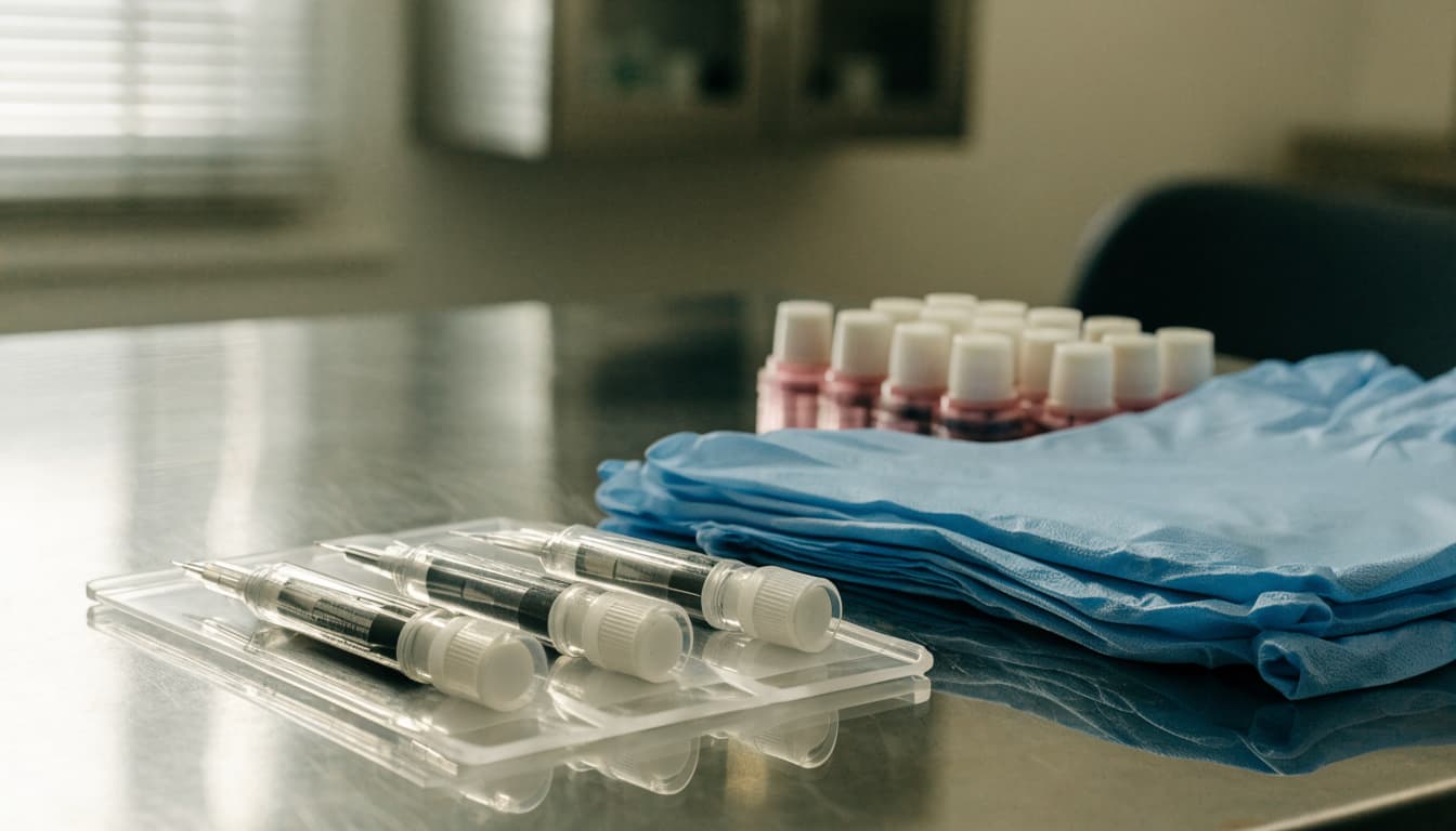 Sterile tattoo supplies arranged on a clean stainless work surface.