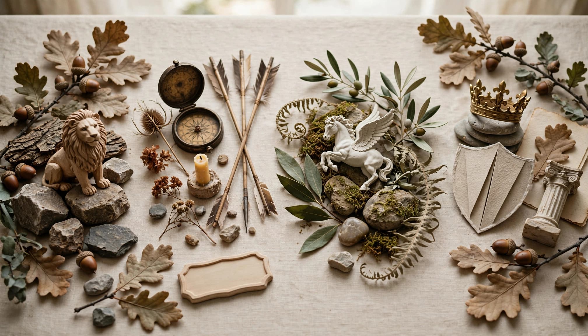 A blank name plaque sits with a compass, paper shield, oak, and stones.