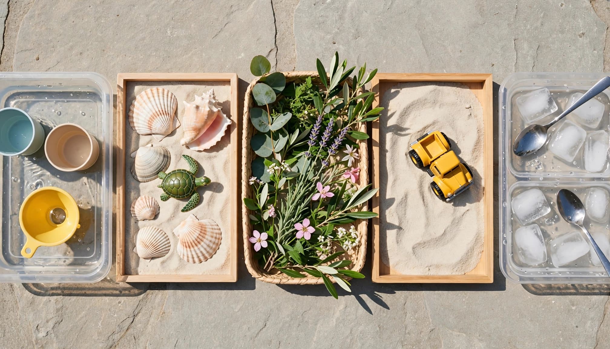Five sensory play trays with water, sand, garden finds, a toy truck, and ice sit on a patio.