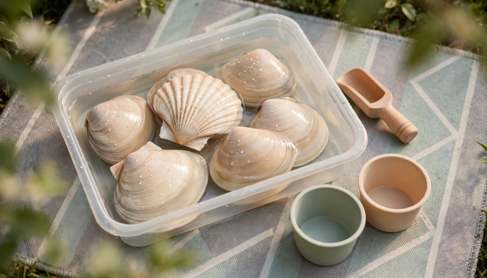 A shallow water basin with shells, a scoop, and cups on an outdoor mat.