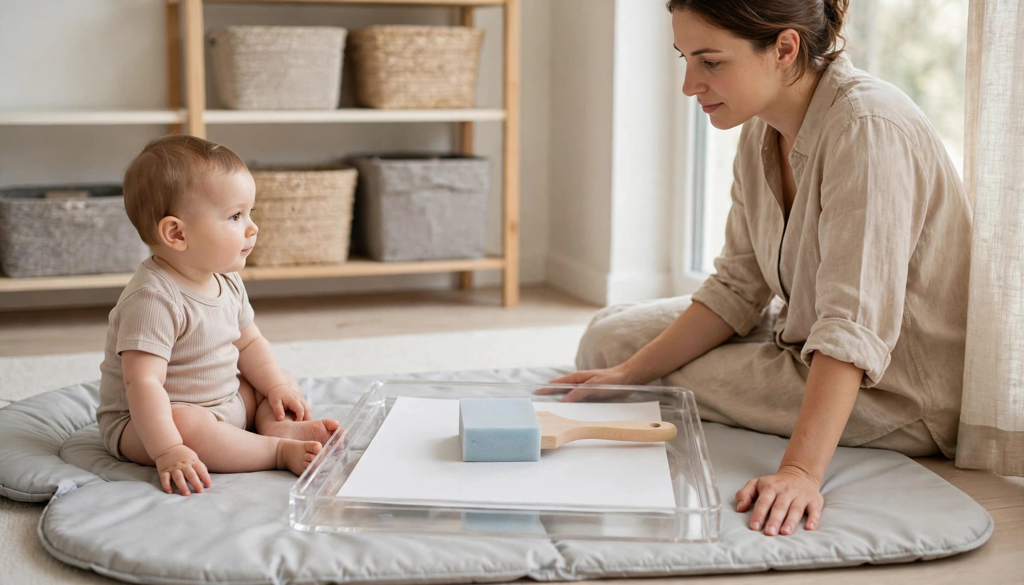 A caregiver watches an infant seated on a mat with paper and a large paint tool nearby.