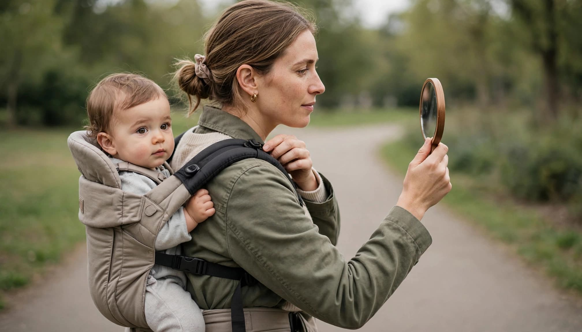 Caregiver wearing an older infant on their back beside a park path.