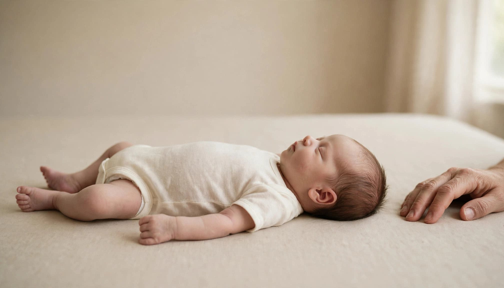 Sleeping newborn on a low surface with an adult hand nearby.