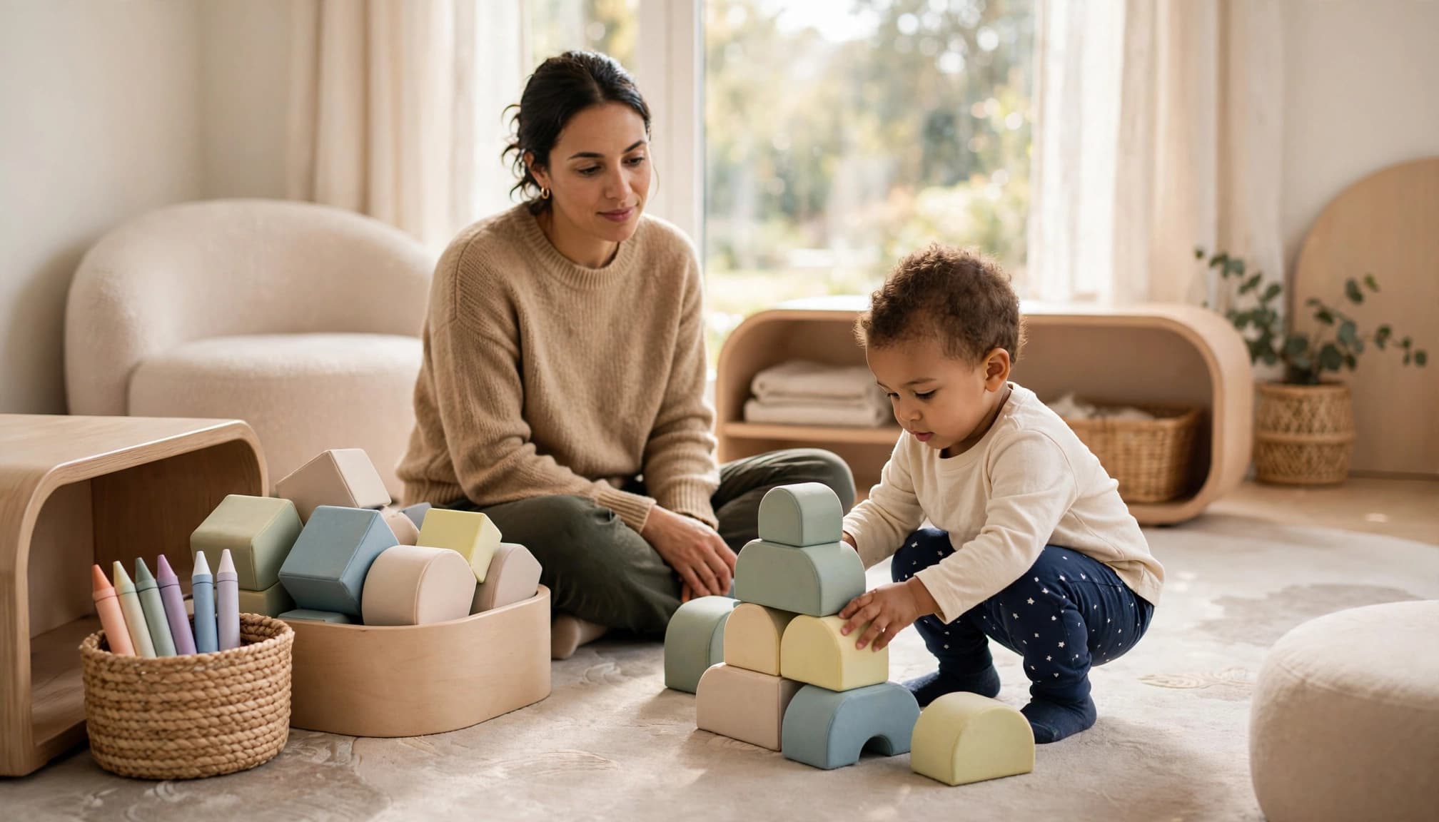 Adult supervising a toddler playing with blocks on a soft mat.