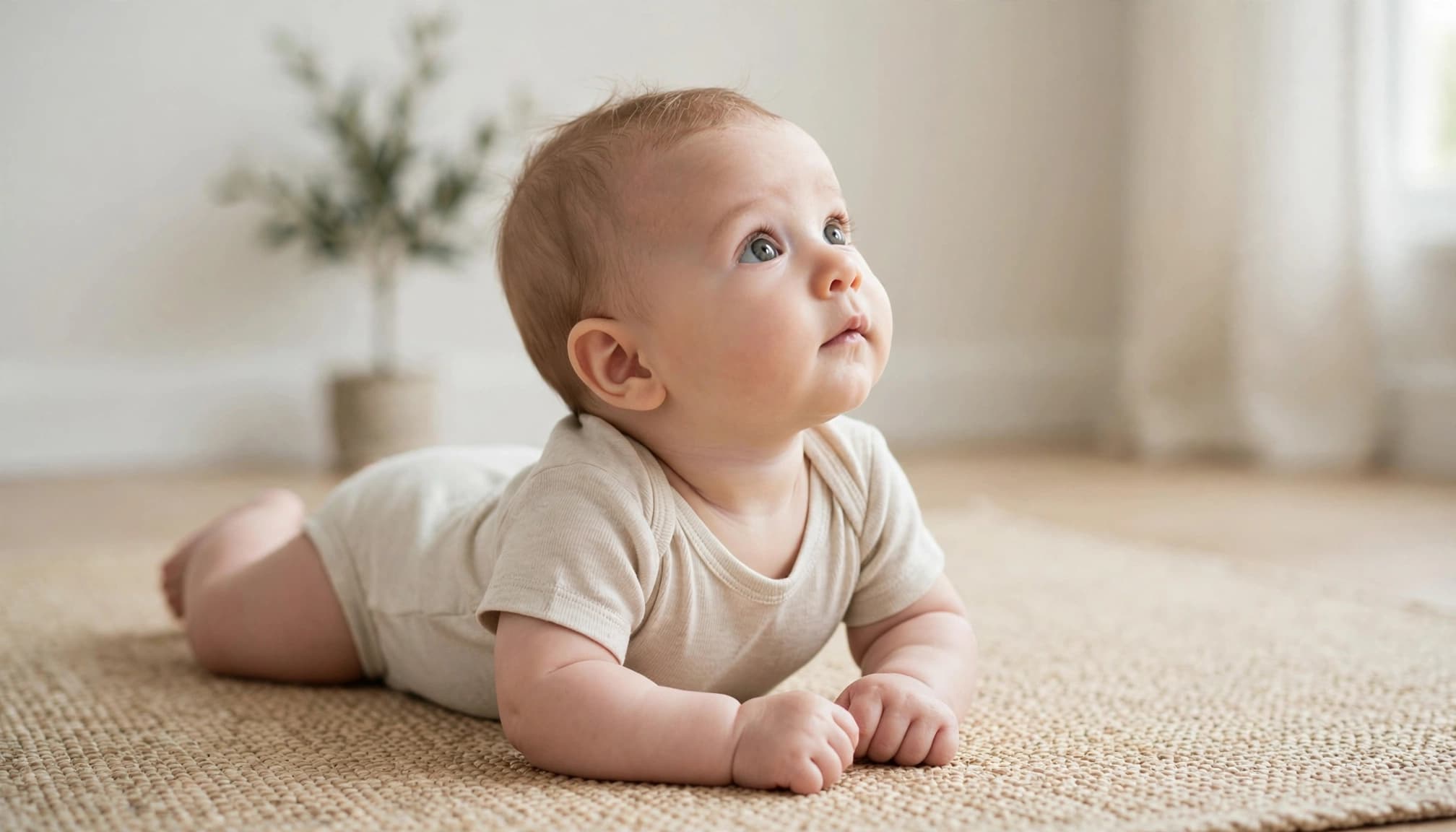 Awake infant lifting their head during supervised tummy time on a play mat.