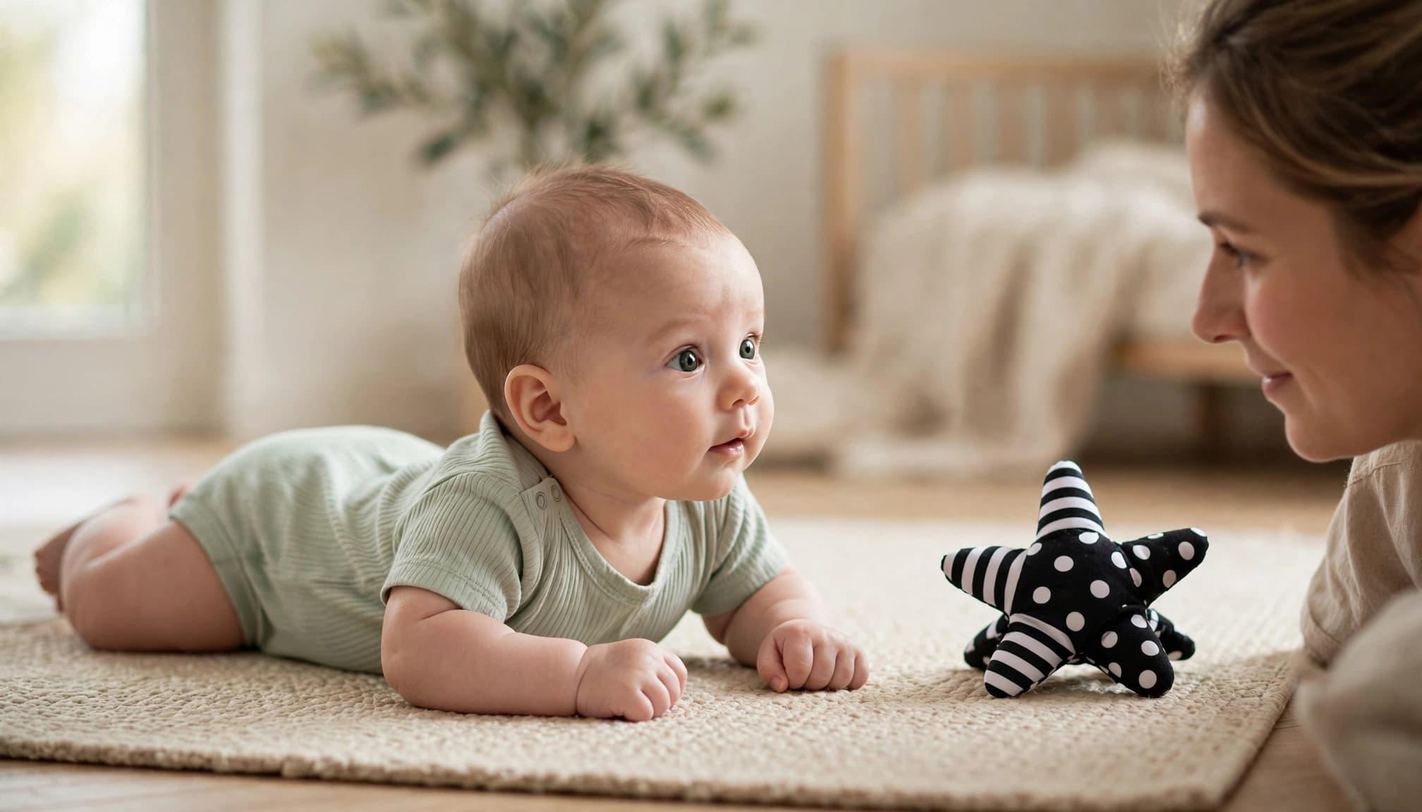 Awake baby reaches for a toy during supervised tummy time.