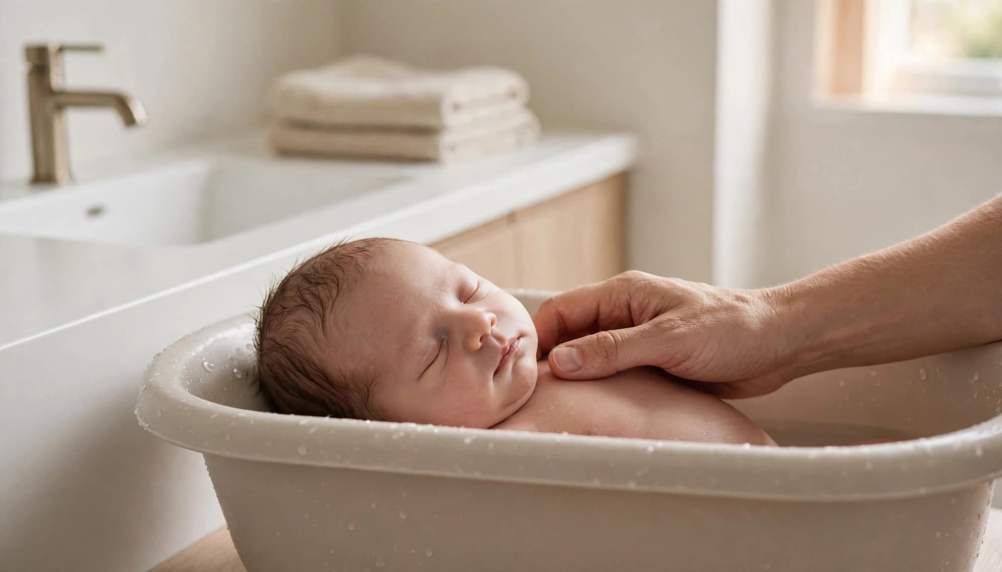 A newborn in a small tub supported by an adult hand near a clean sink.