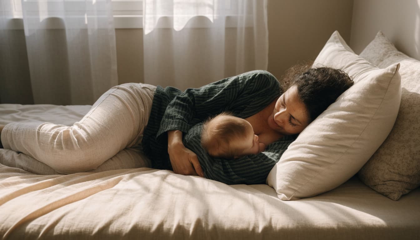 A parent nurses an infant while resting on their side with pillows for support.