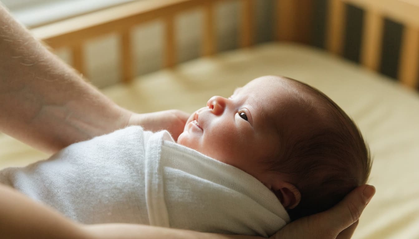 A swaddled newborn rests in a caregiver's arms in a bright nursery.