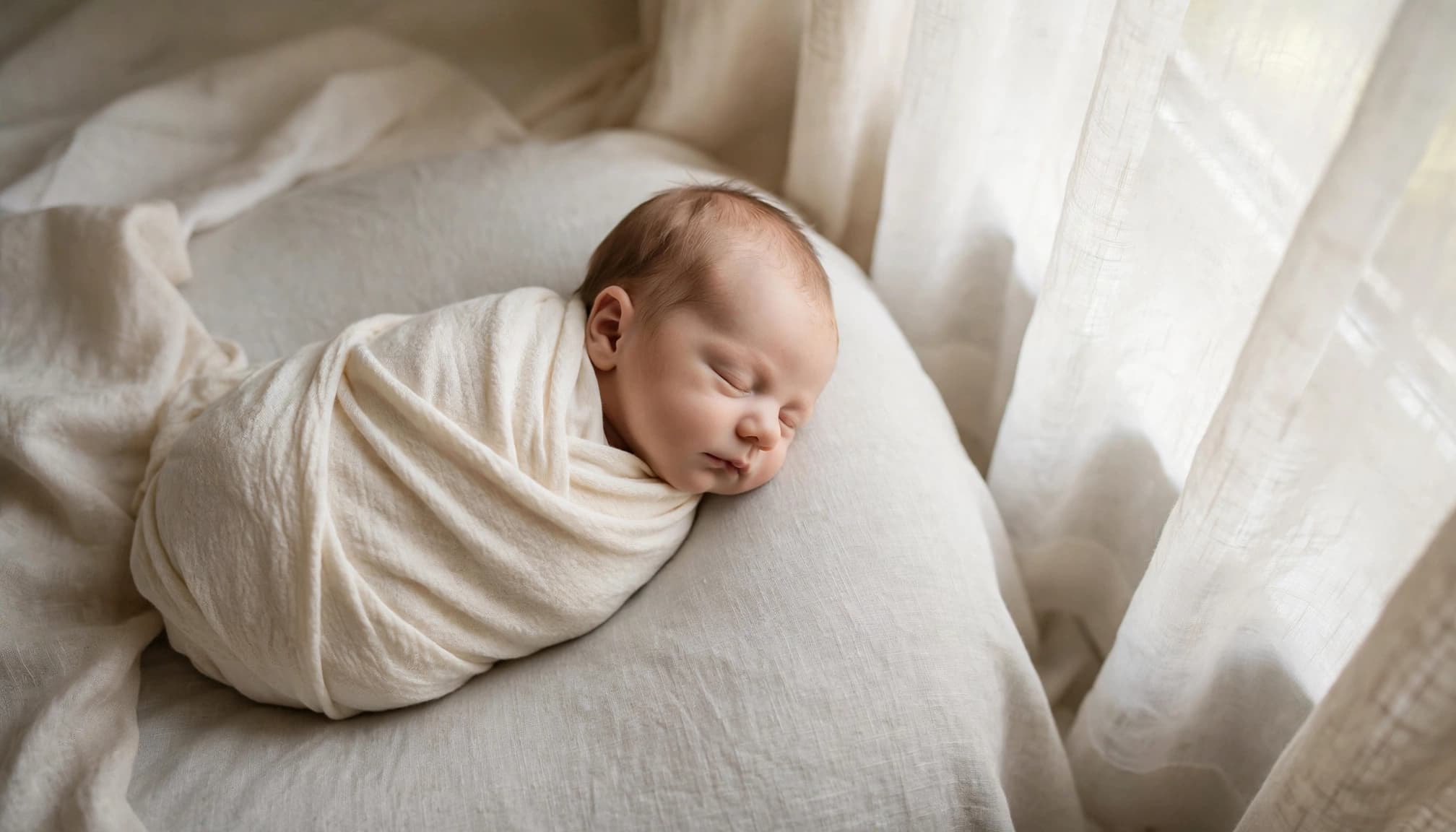 Swaddled newborn resting near a bright window with soft natural light.