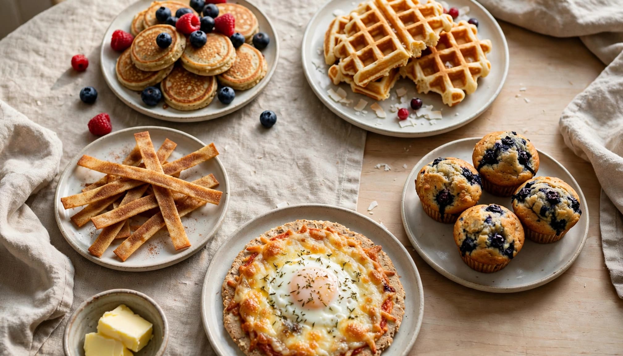 Five sweet-style keto breakfasts arranged on plates across a bright kitchen table.
