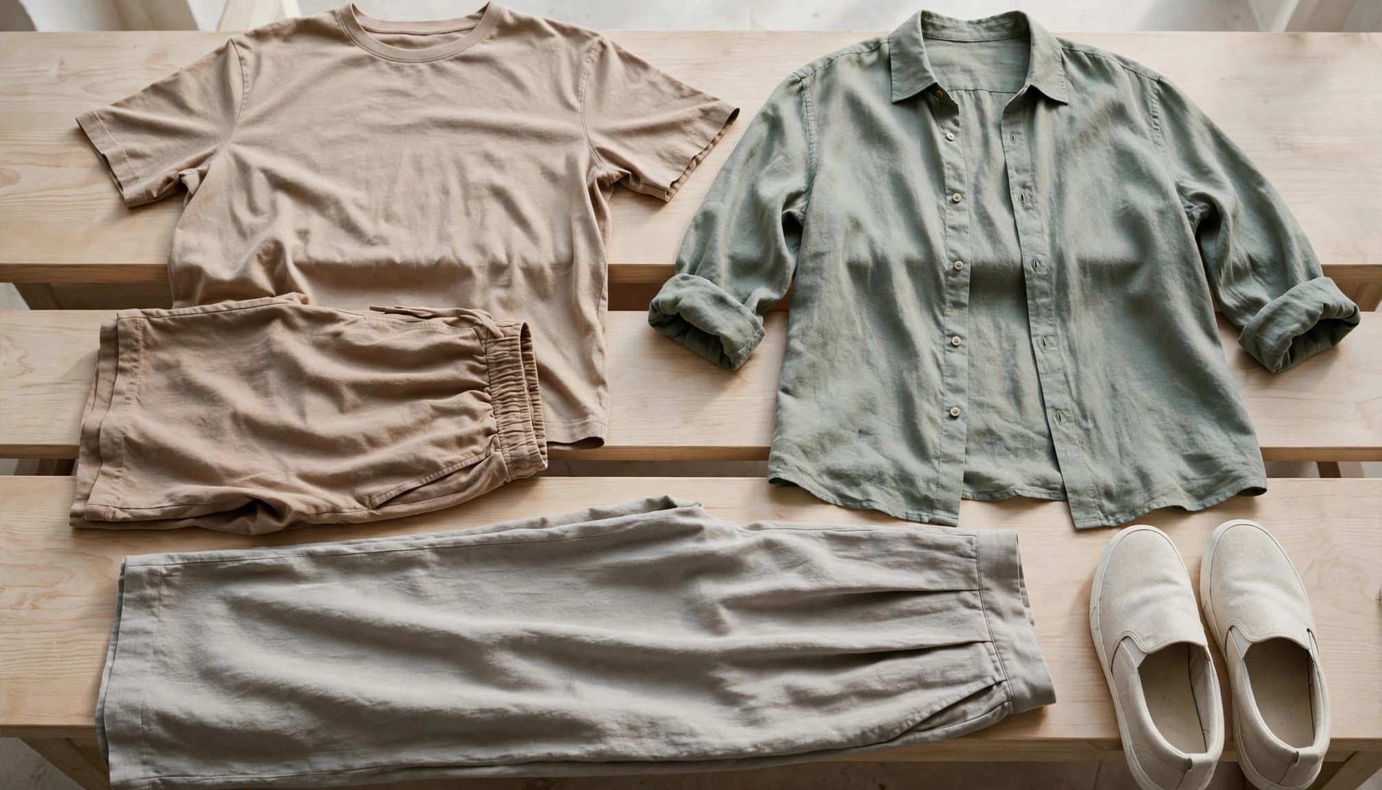 Loose shirts, shorts, wide-leg pants, and slip-on shoes arranged near a simple bench.