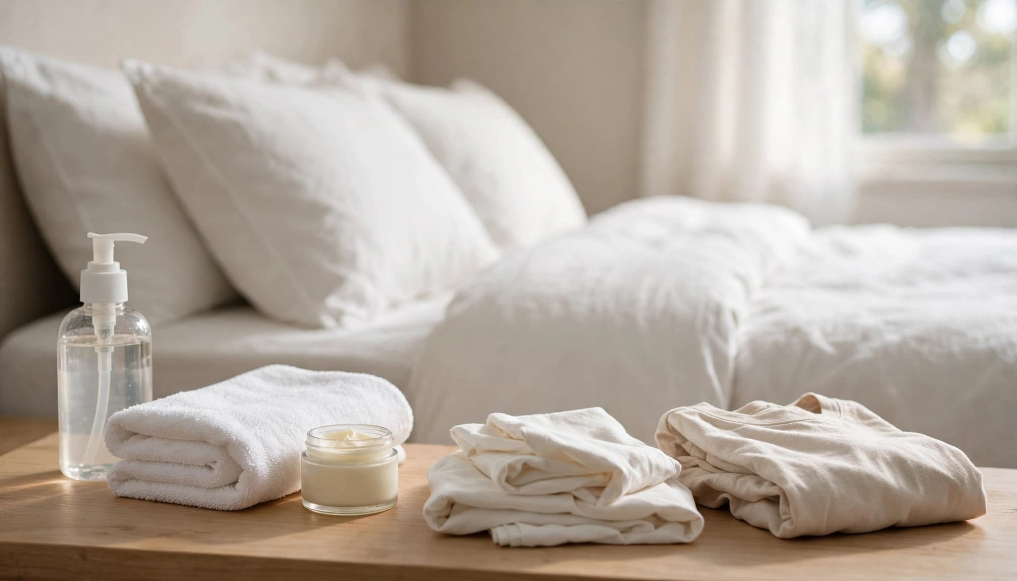 Soap, moisturizer, a folded towel, and clean clothing arranged beside a freshly made bed.