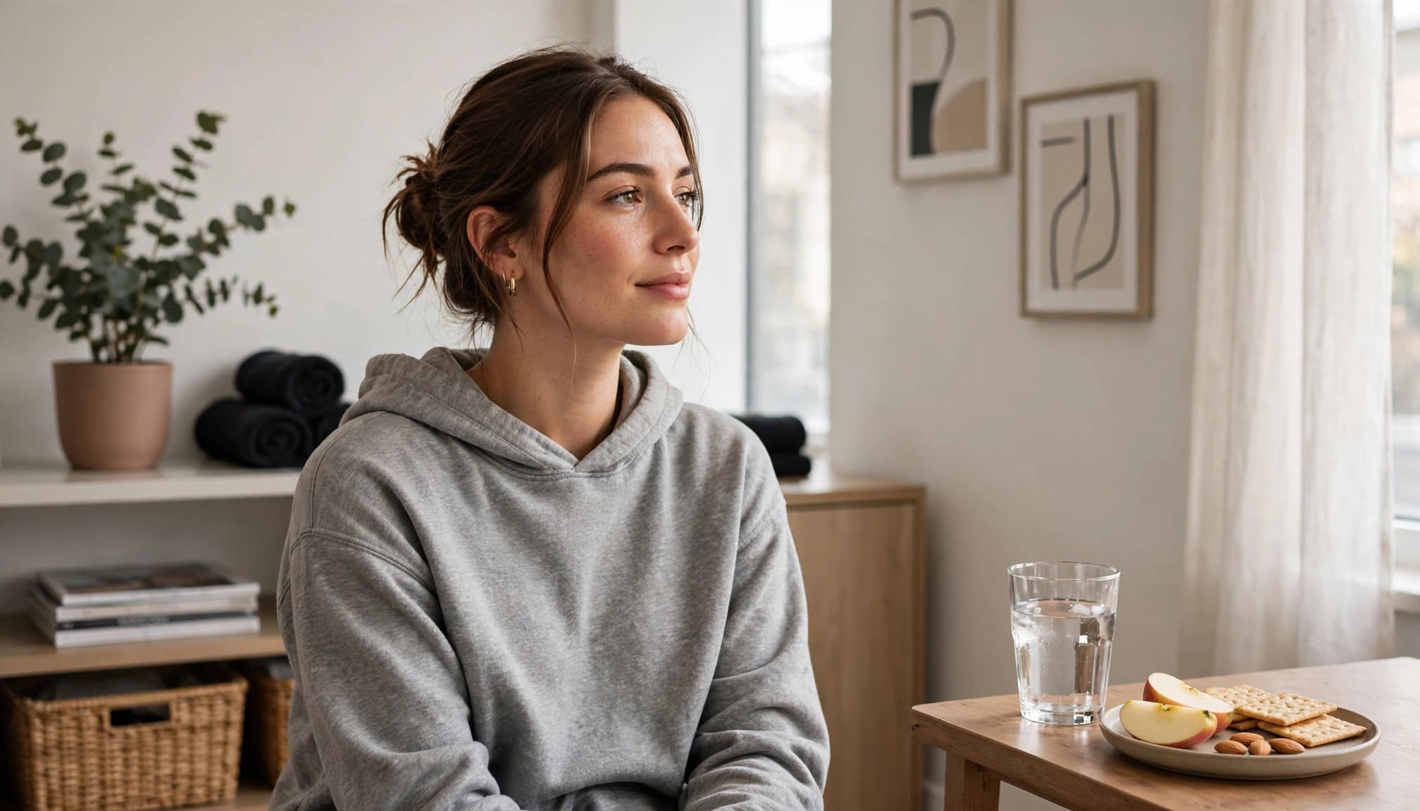 An adult sits in a bright studio beside water and a snack.