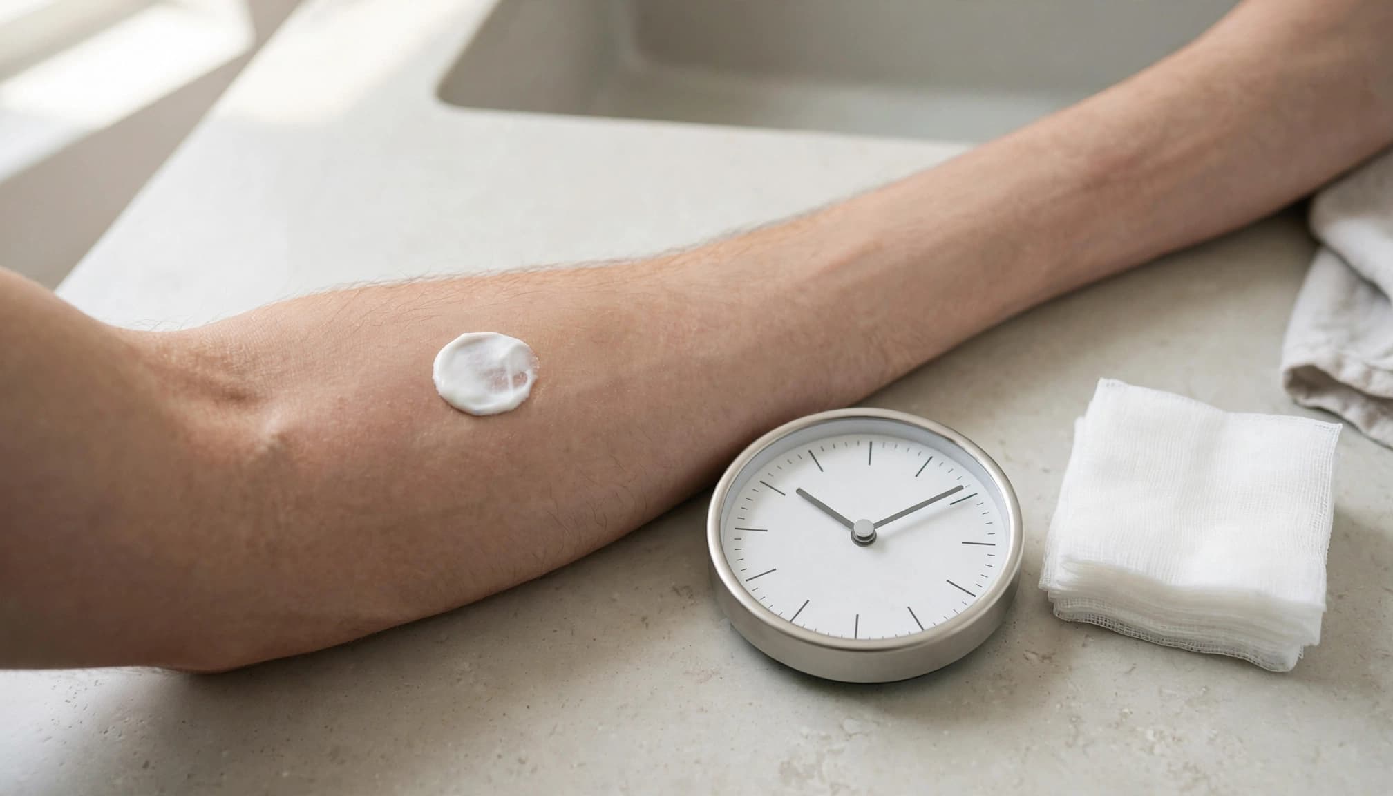 A cream patch on a forearm beside a clock and folded gauze.
