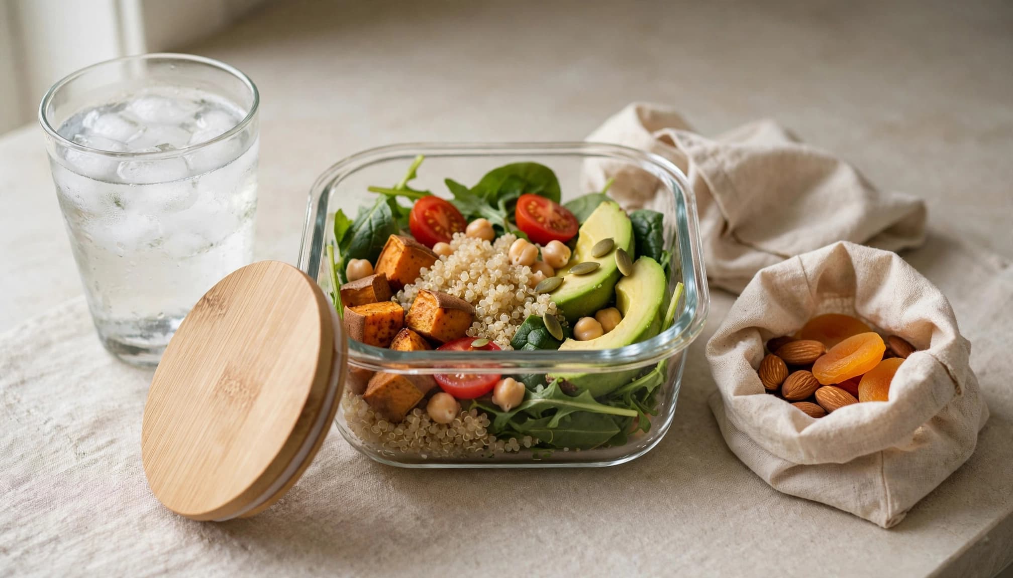 A glass of water, balanced meal, and small snack sit on a kitchen counter.
