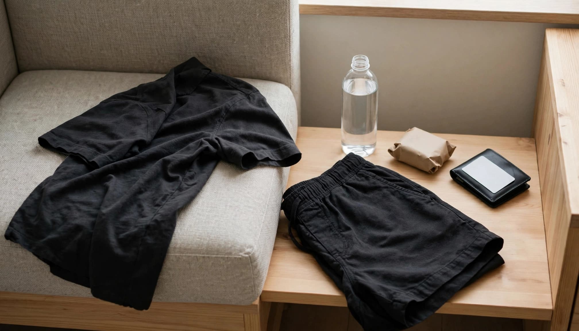 A dark outfit and a few personal essentials arranged on a chair and bench.