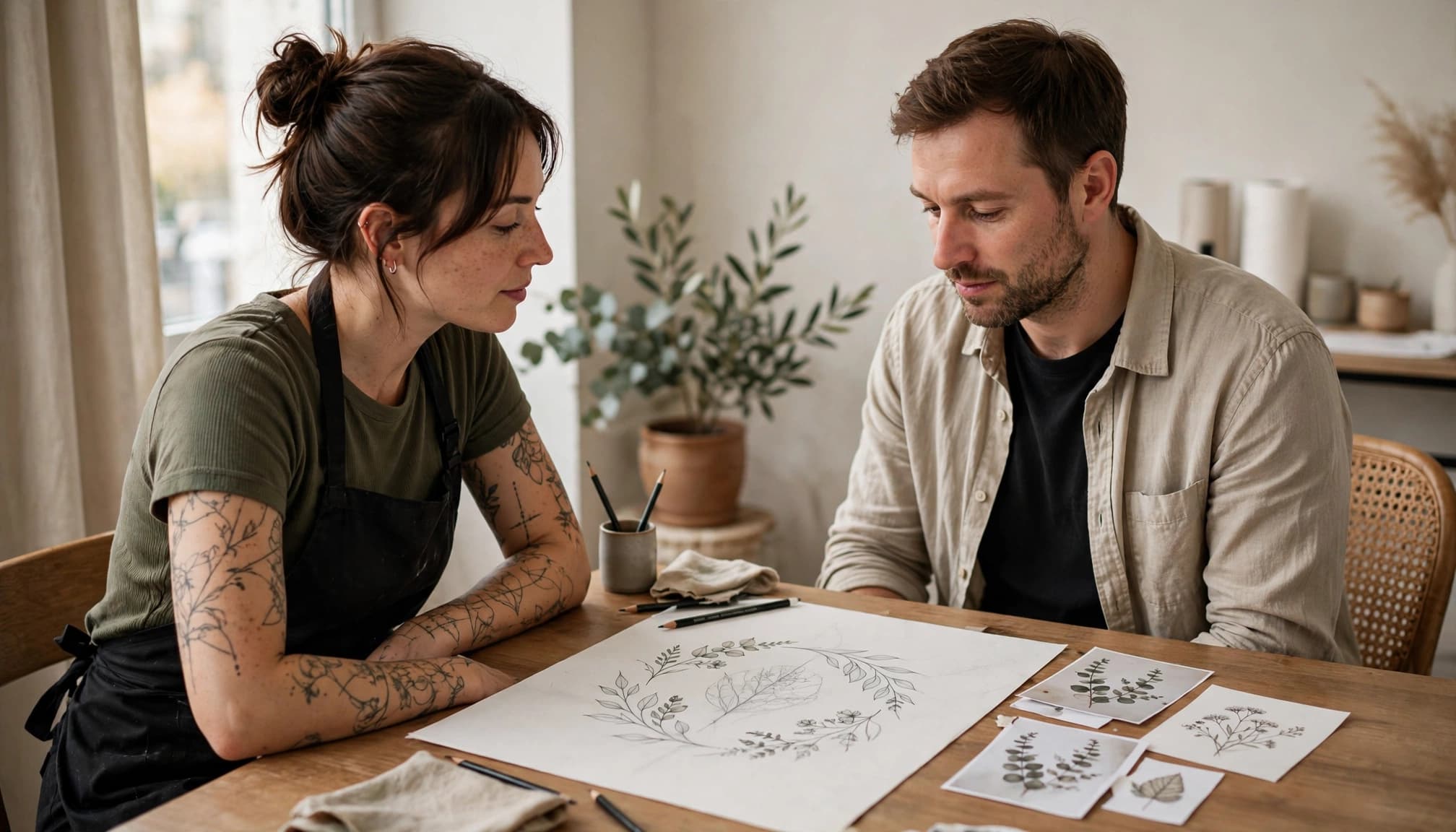 A tattoo artist and client review a sketch and reference prints at a table.