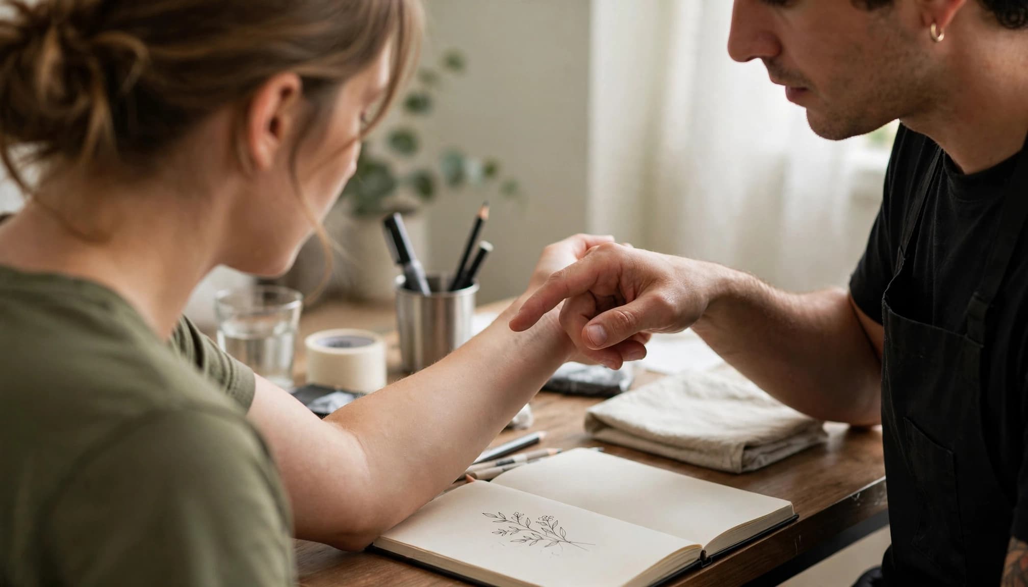A client and artist review a small design beside the client's unmarked forearm.