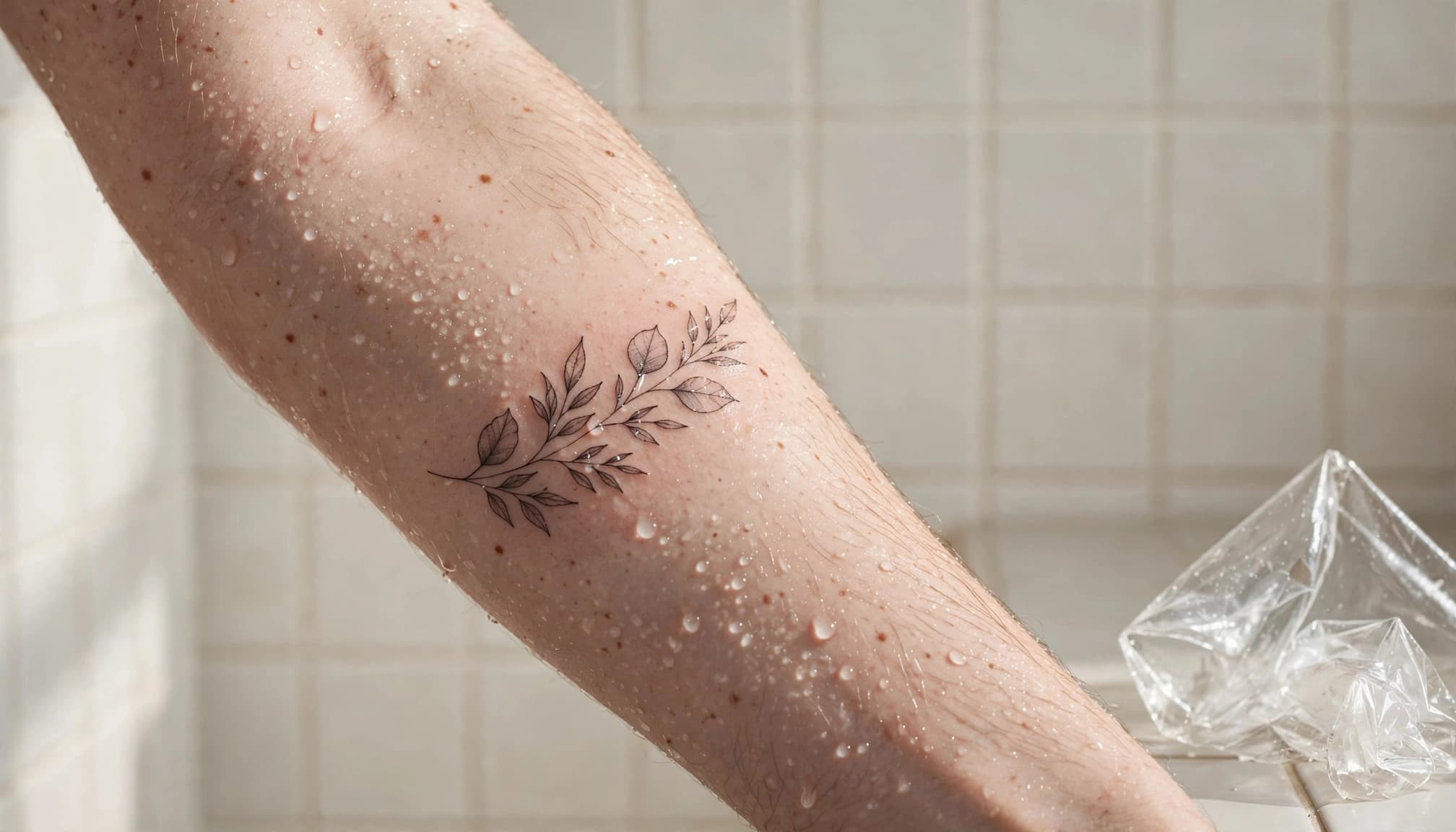 A healing forearm tattoo beside a folded piece of clear film.